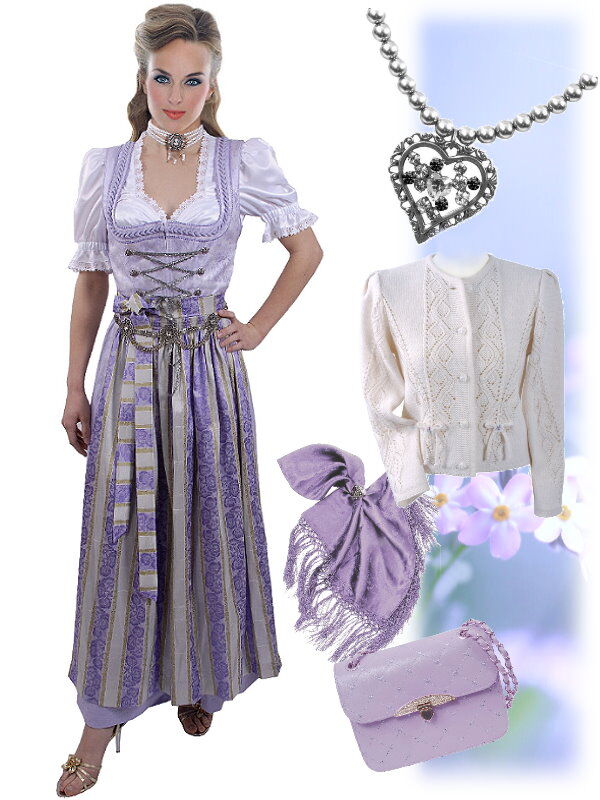 Festliches Dirndl lang - Festtagsdirndl mit edler Rosen-Schürze Flieder Set 3-teilig + Bluse Festliches Dirndl lang - Festtagsdirndl mit edler Rosen-Schürze Flieder Set 3-teilig + Bluse