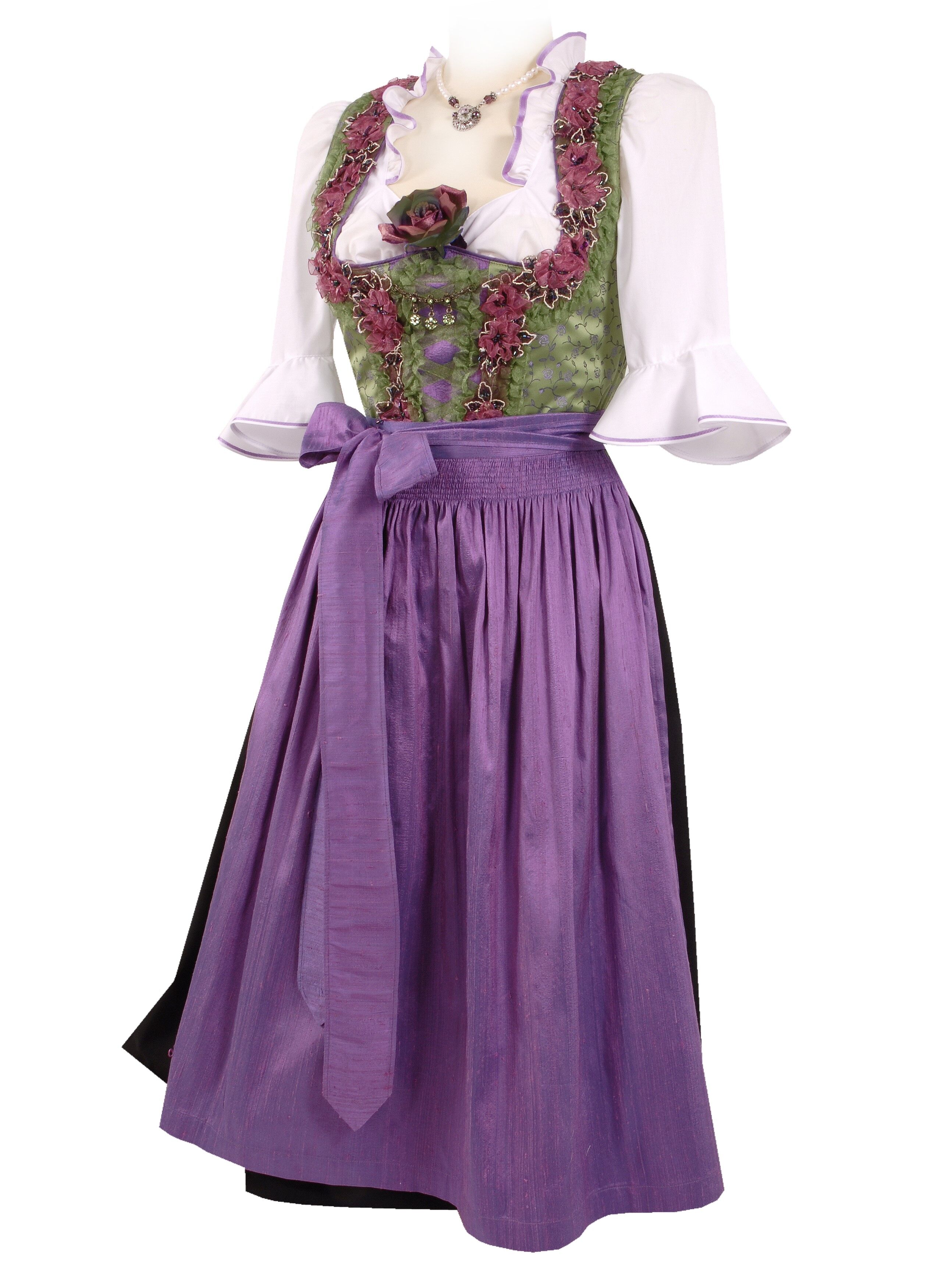 PREMIUM Designer-Dirndl Festtagsdirndl - exklusives Midi-Dirndl mit Seidenschürze Grün-Lila PREMIUM Designer-Dirndl Festtagsdirndl - exklusives Midi-Dirndl mit Seidenschürze Grün-Lila