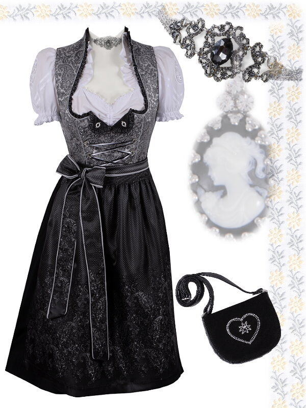 Festliches Midi-Dirndl - kurzes Dirndl mit edler Satinschürze Schwarz-Silber Festliches Midi-Dirndl - kurzes Dirndl mit edler Satinschürze Schwarz-Silber