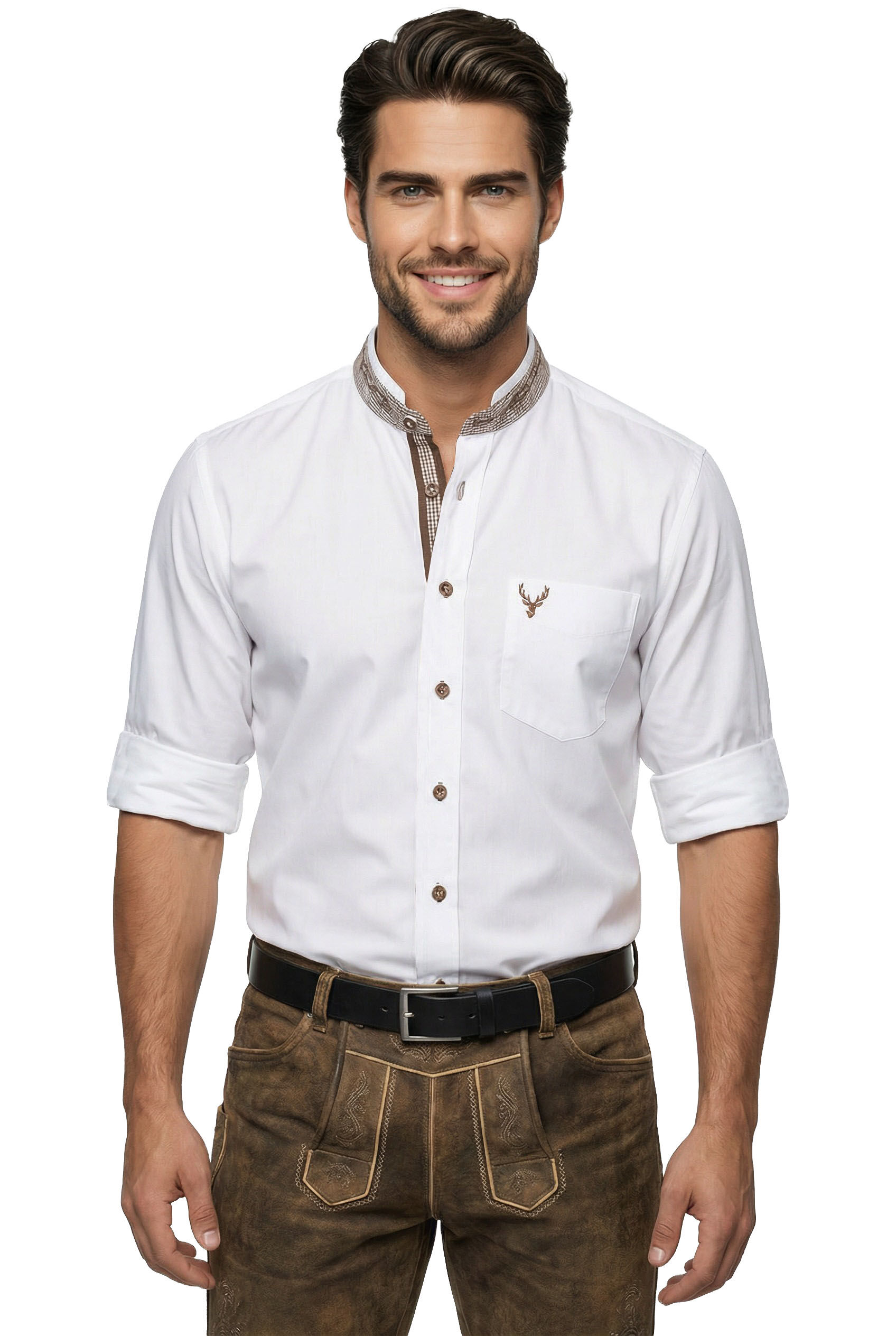 Trachtenhemd Weiß/Braun SLIMFIT Stehkragen