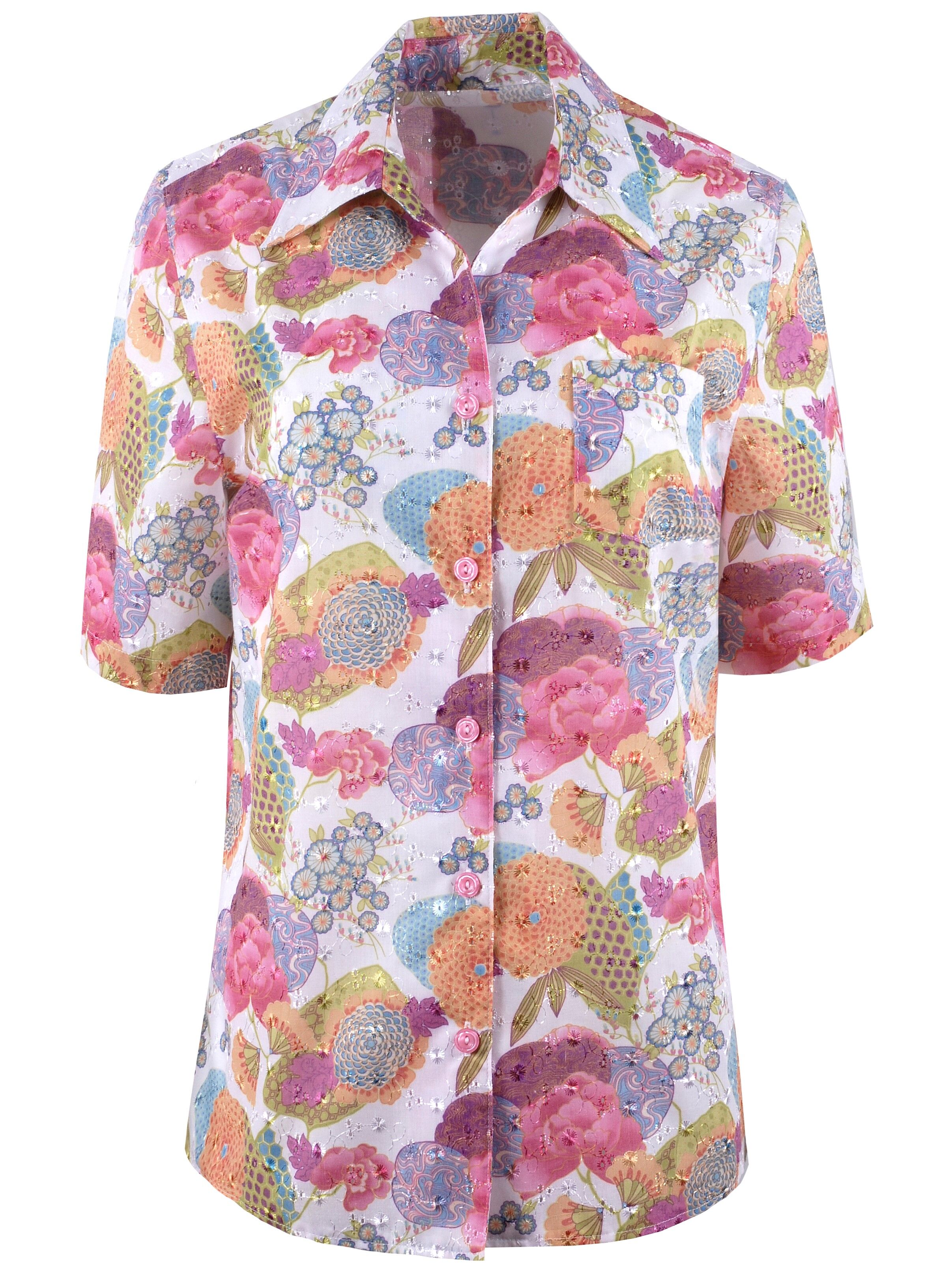 Fröhliche Sommerbluse Damen Kurzarm Lang zur Jeans Blumen Pink Bunt Fröhliche Sommerbluse Damen Kurzarm Lang zur Jeans Blumen Pink Bunt