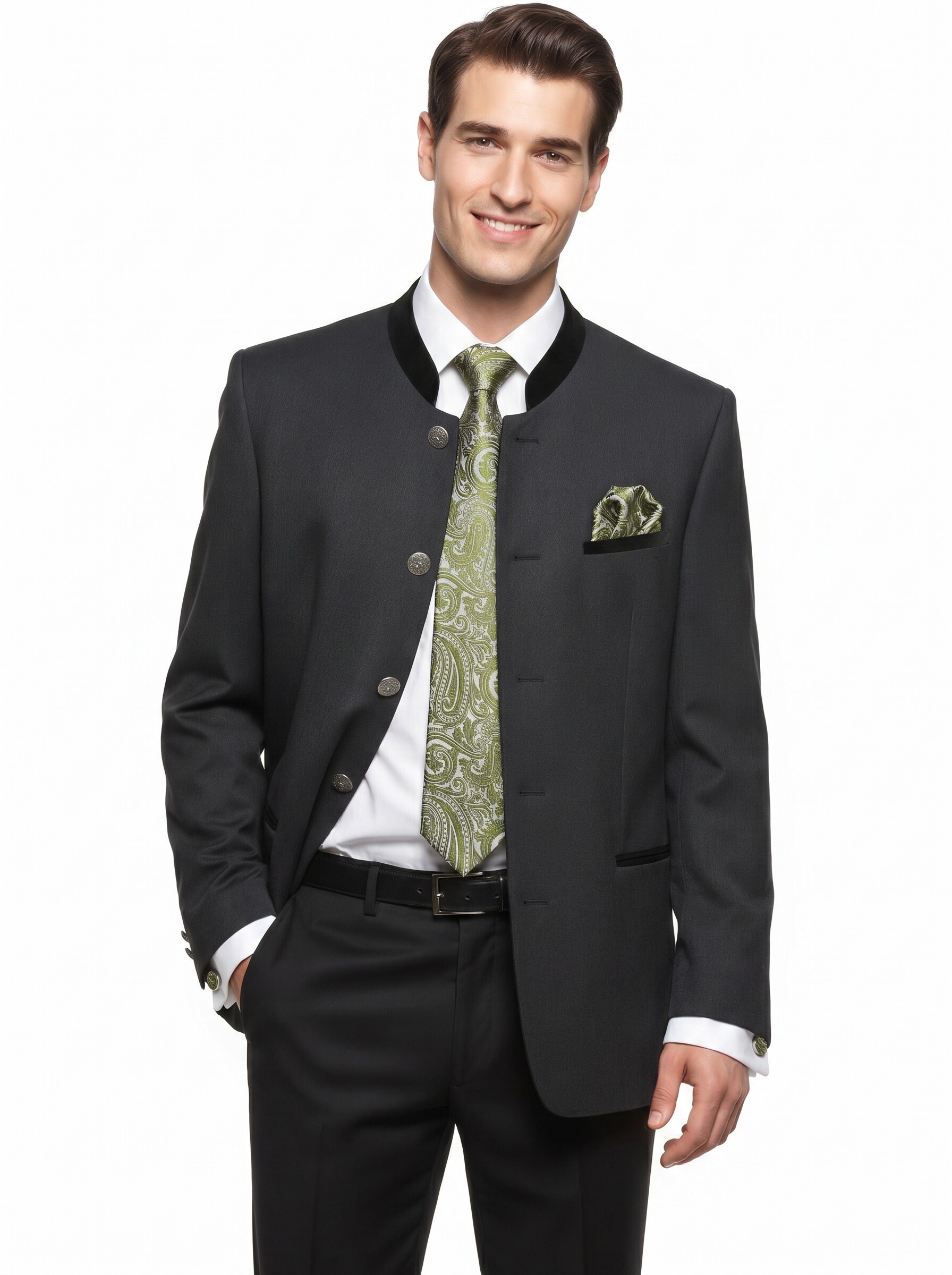 Trachtenkrawatte Paisley 100% Seide 3-tlg. Set festlich + Einstecktuch + Manschettenknöpfen