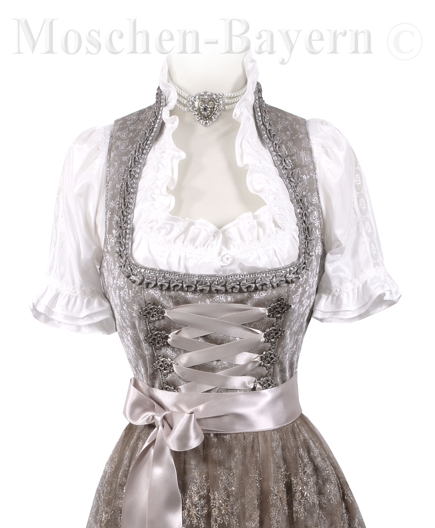 Festliches Midi-Dirndl - kurzes Dirndl mit Spitzenschürze Beige Festliches Midi-Dirndl - kurzes Dirndl mit Spitzenschürze Beige