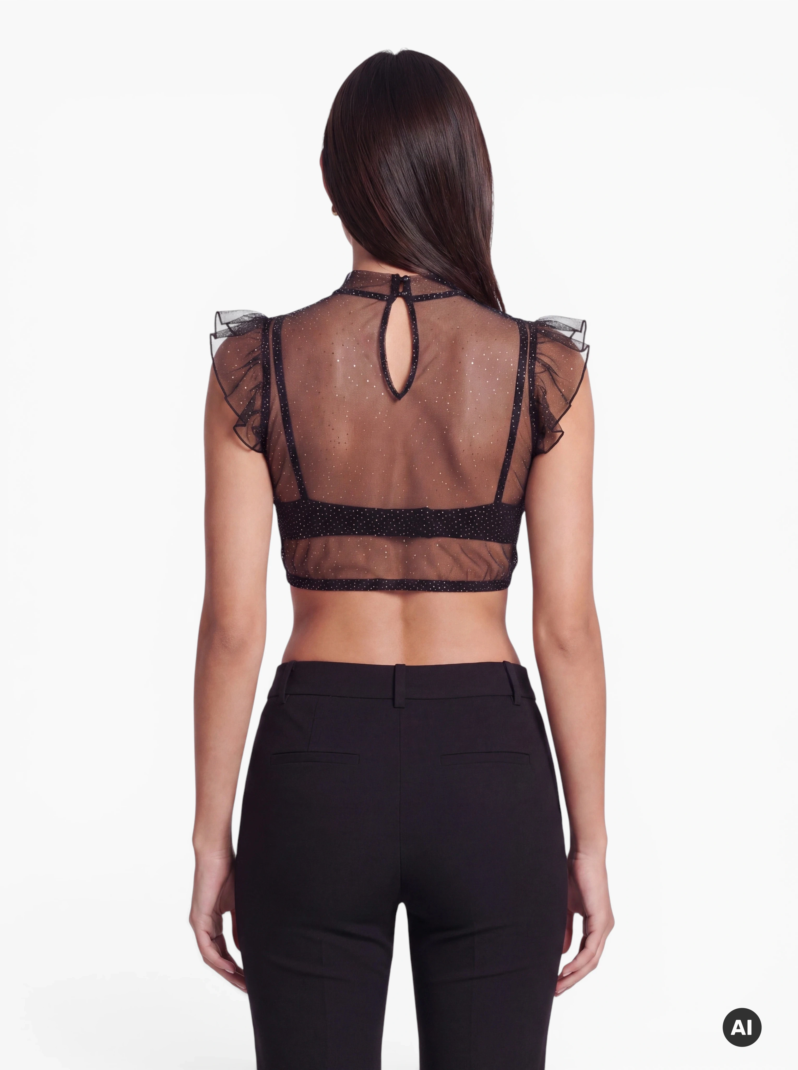 Dirndlbluse Eveline schwarz transparent mit goldenen Tupfen