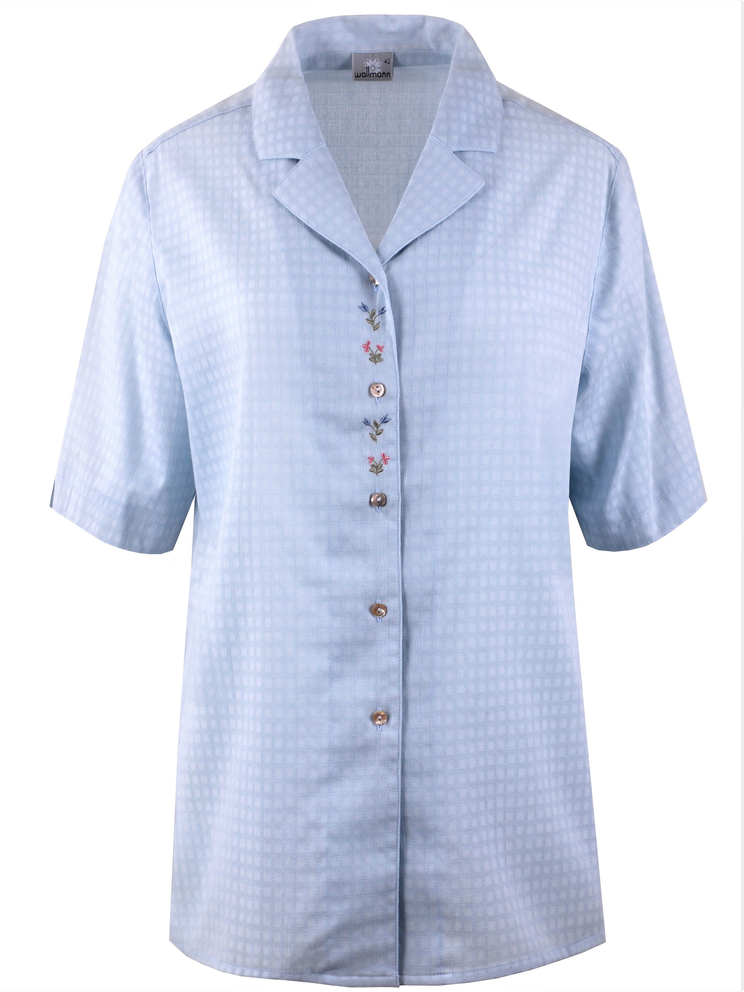 Trachtenbluse Damen Kurzarm Lang bestickt duftig leichter Georgette Hellblau Trachtenbluse Damen Kurzarm Lang bestickt duftig leichter Georgette Hellblau
