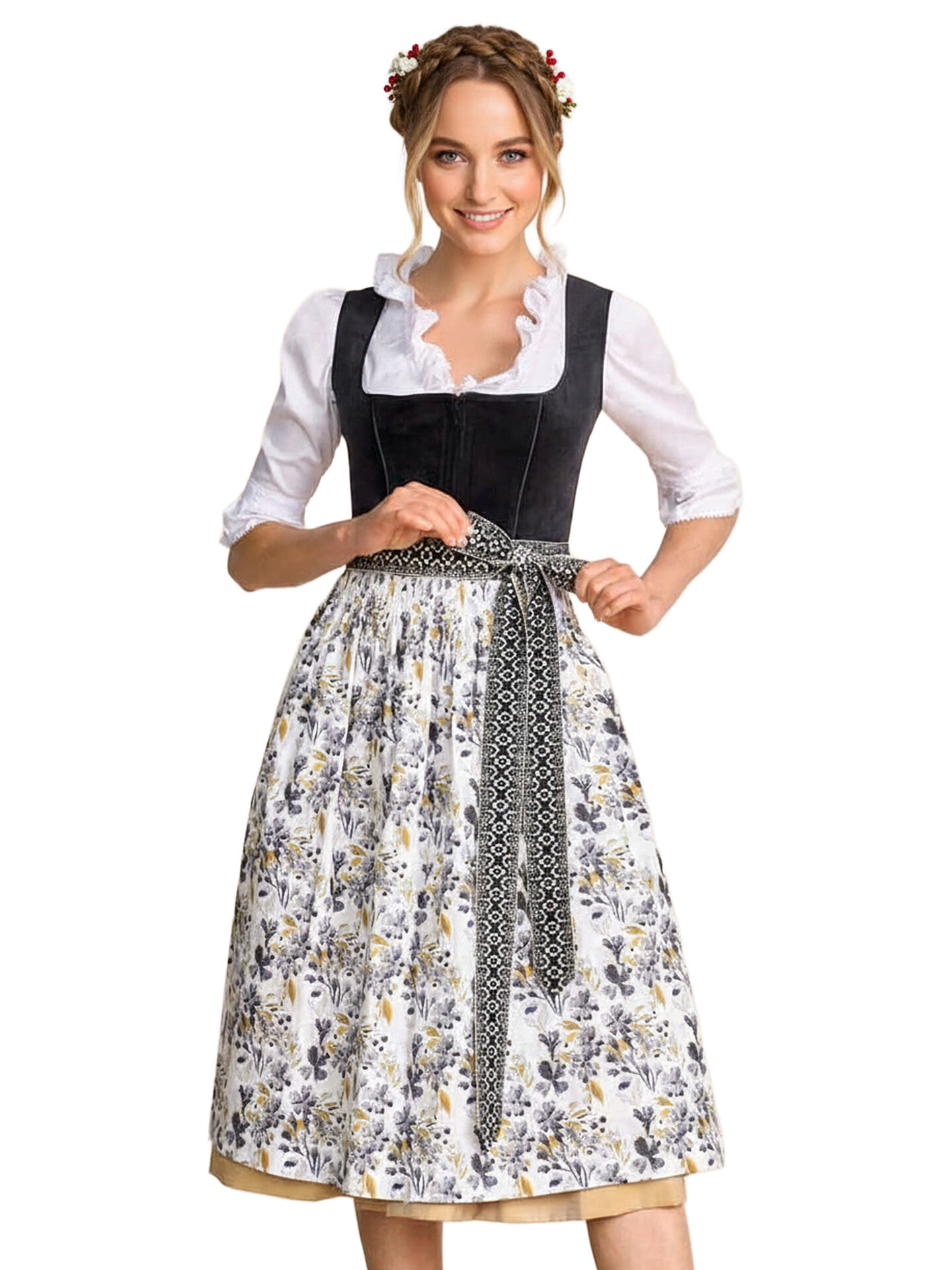 Festliches Midi-Dirndl - kurzes Samtdirndl + Blumenschürze Schwarz-Gold