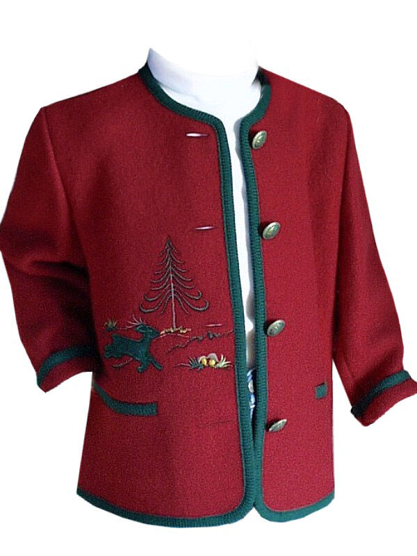 Trachtenjacke Kinder 100% Merinowolle Rot-Grün mit Hirsch-Stickerei
