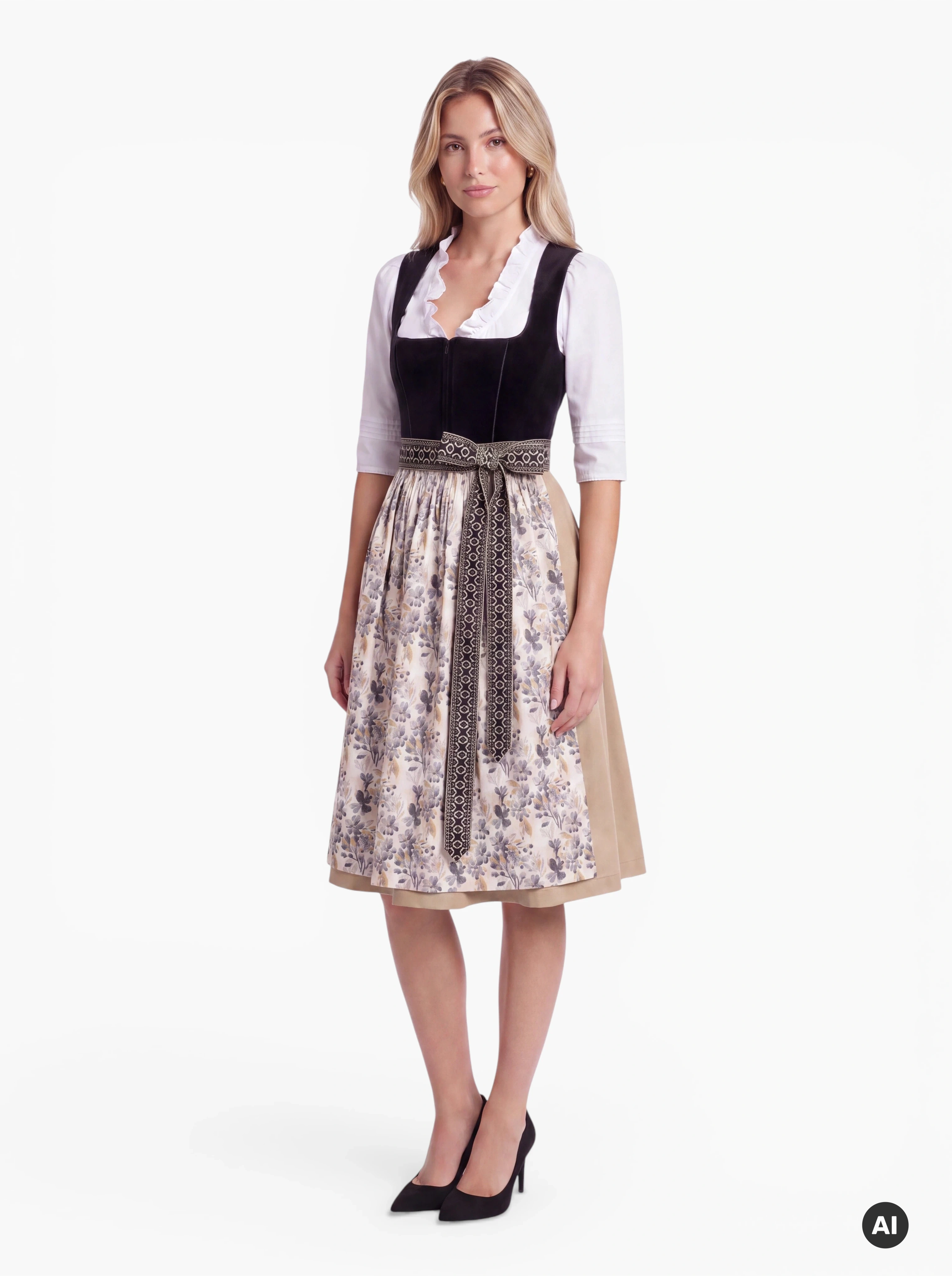 Midi-Dirndl Paula 70 cm – Schwarz/Gold mit floraler Schürze