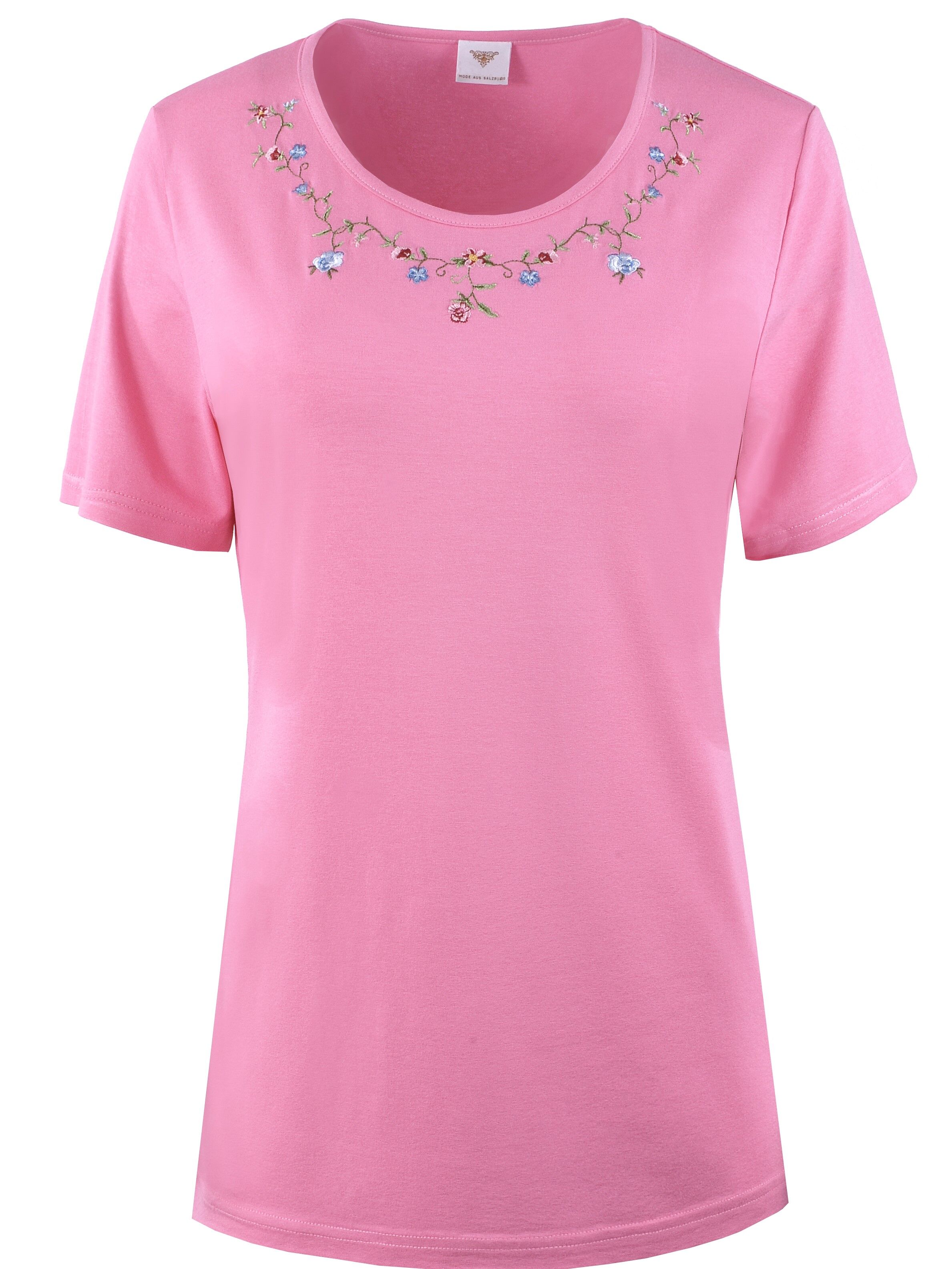 PREMIUM Trachtenshirt Damen T-Shirt lang Blumen-Stickerei Pink