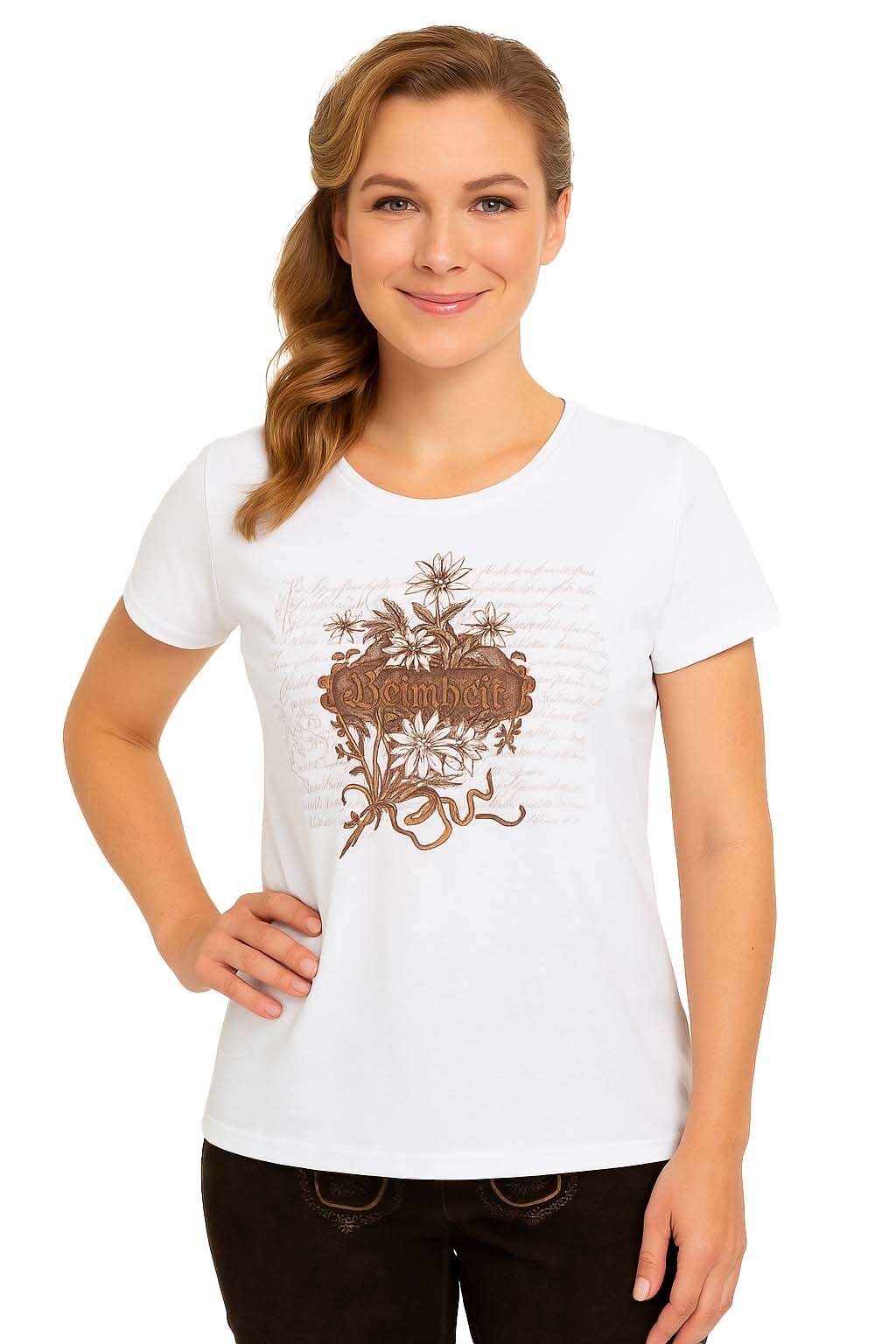 BIO-Baumwolle Trachtenshirt Damen T-Shirt Edelweiß-Design  Weiß-Braun