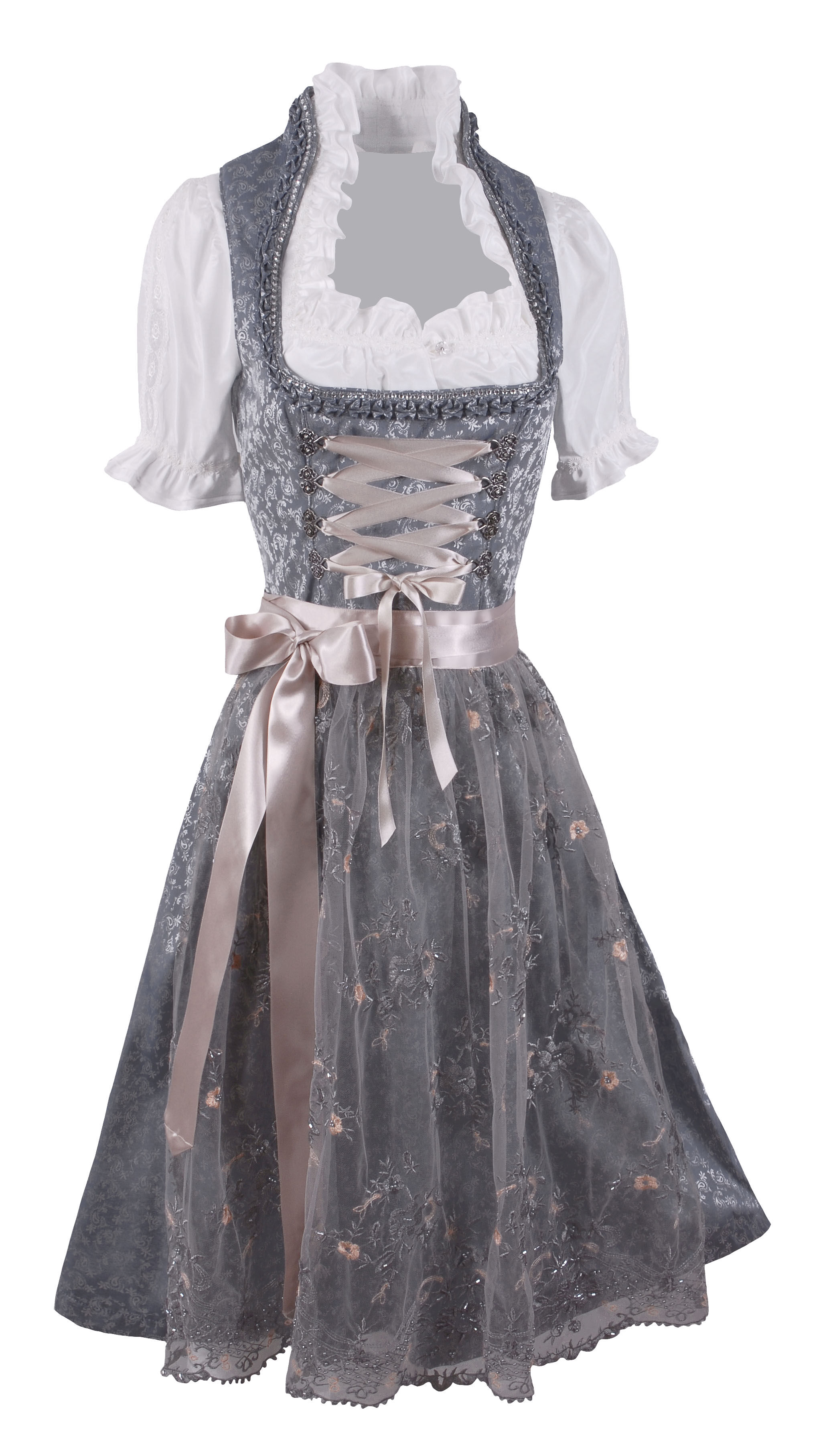 Festliches Midi-Dirndl - kurzes Dirndl mit Spitzenschürze Grau Anthrazit Festliches Midi-Dirndl - kurzes Dirndl mit Spitzenschürze Grau Anthrazit