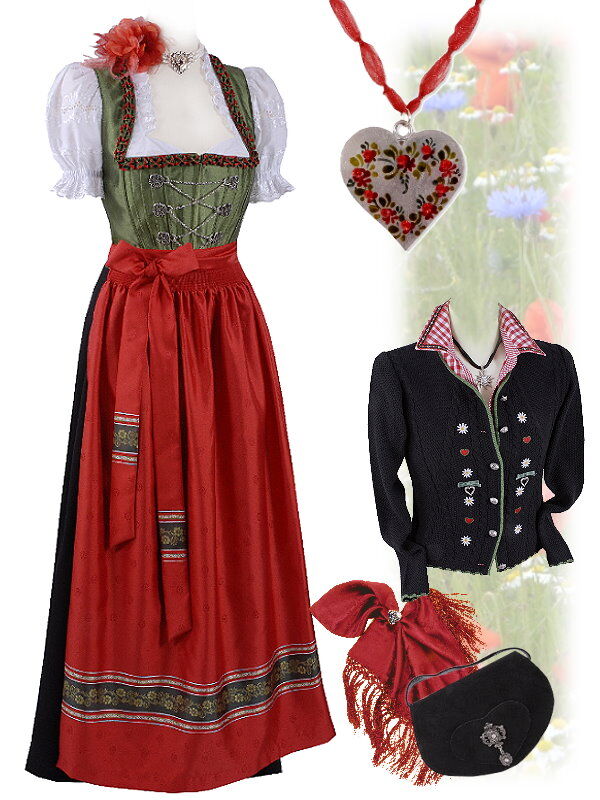 Edles Dirndl lang - Festtagsdirndl  + schöne Satinschürze Grün-Rot Edles Dirndl lang - Festtagsdirndl  + schöne Satinschürze Grün-Rot