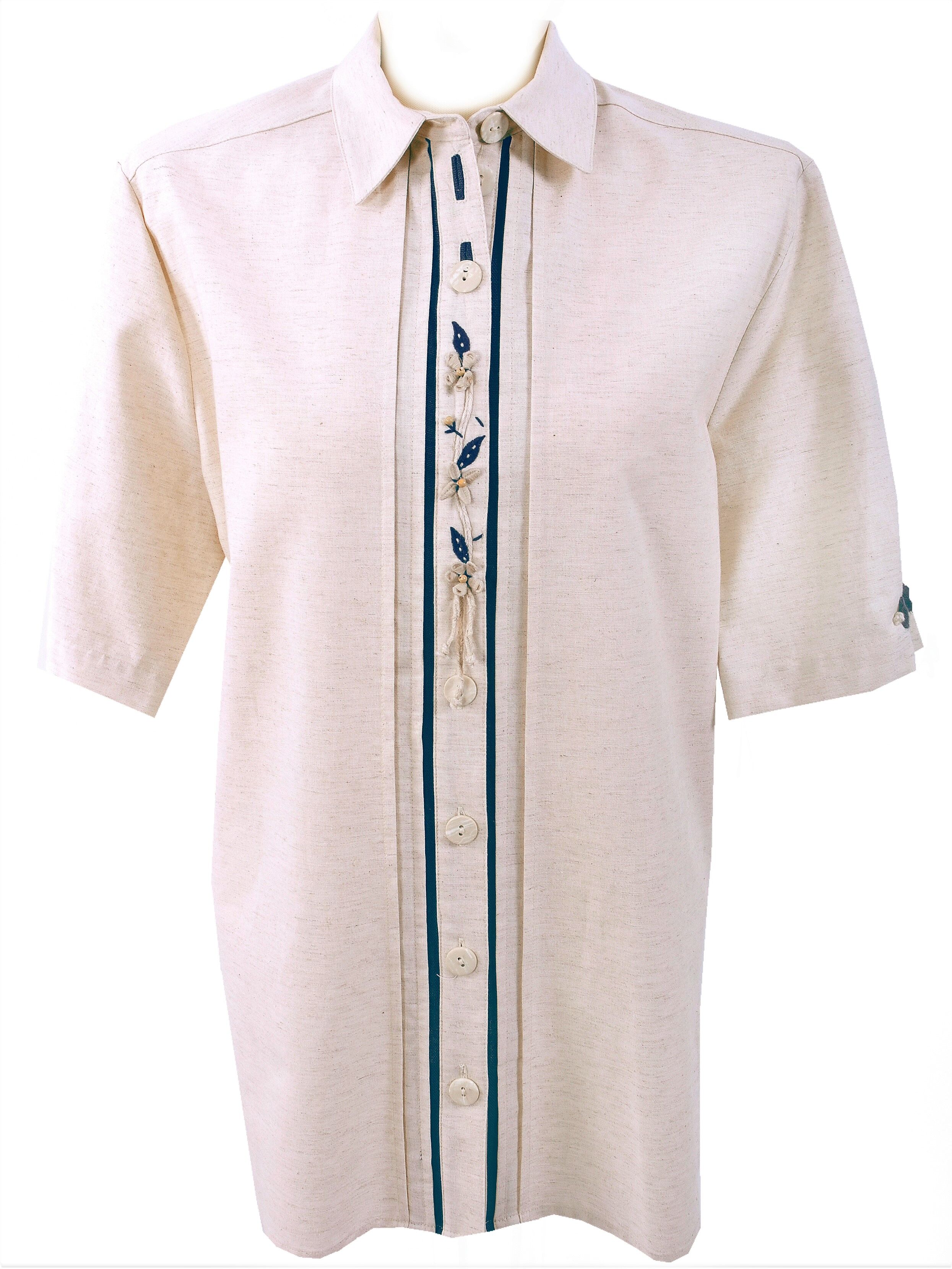 Trachtenbluse Damen Kurzarm Lang zur Jeans mit Stickerei Beige  Trachtenbluse Damen Kurzarm Lang zur Jeans mit Stickerei Beige