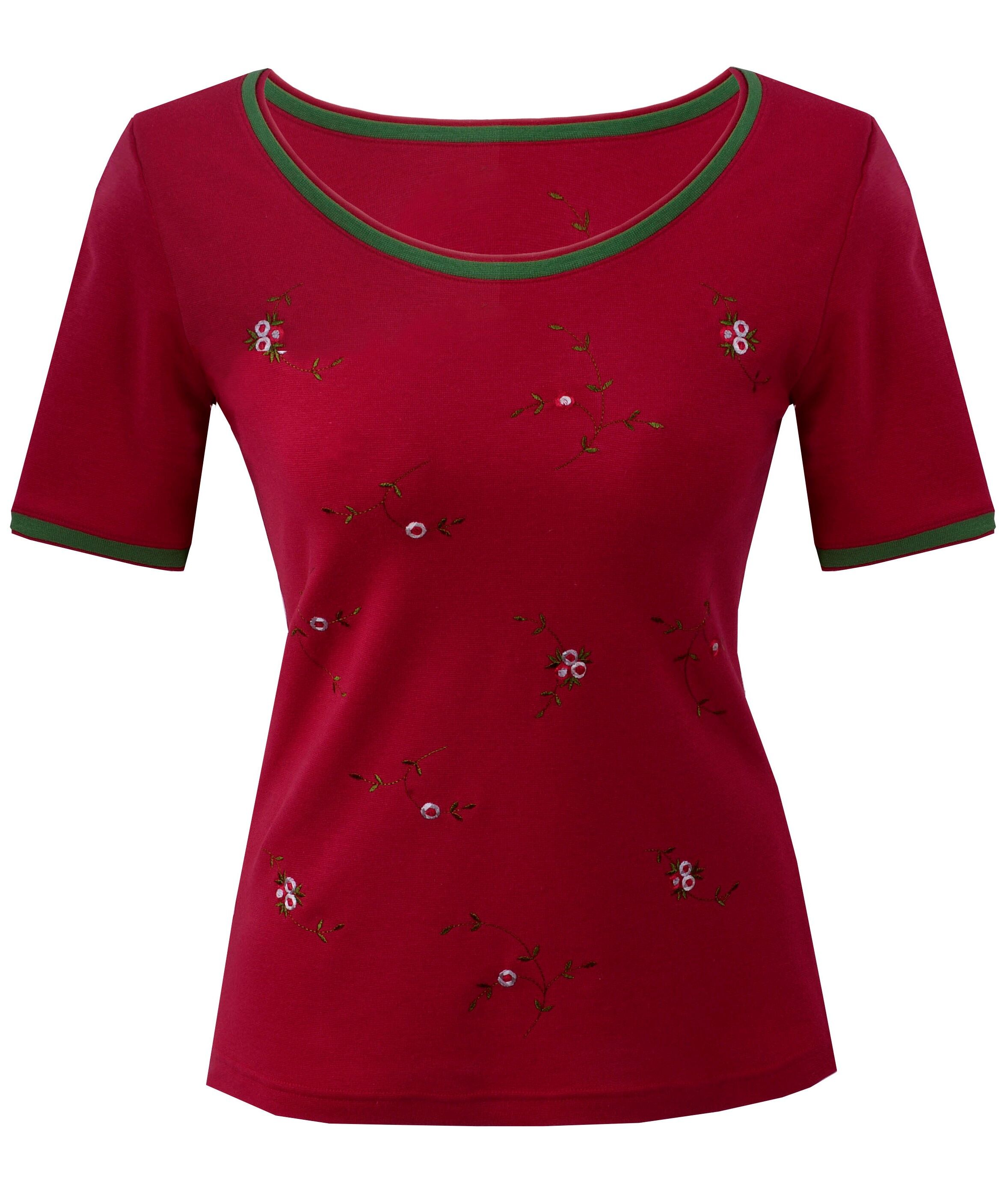 Premium Trachtenshirt "Arido" Damen T-Shirt Rosen-Stickerei Schwarz + Rot