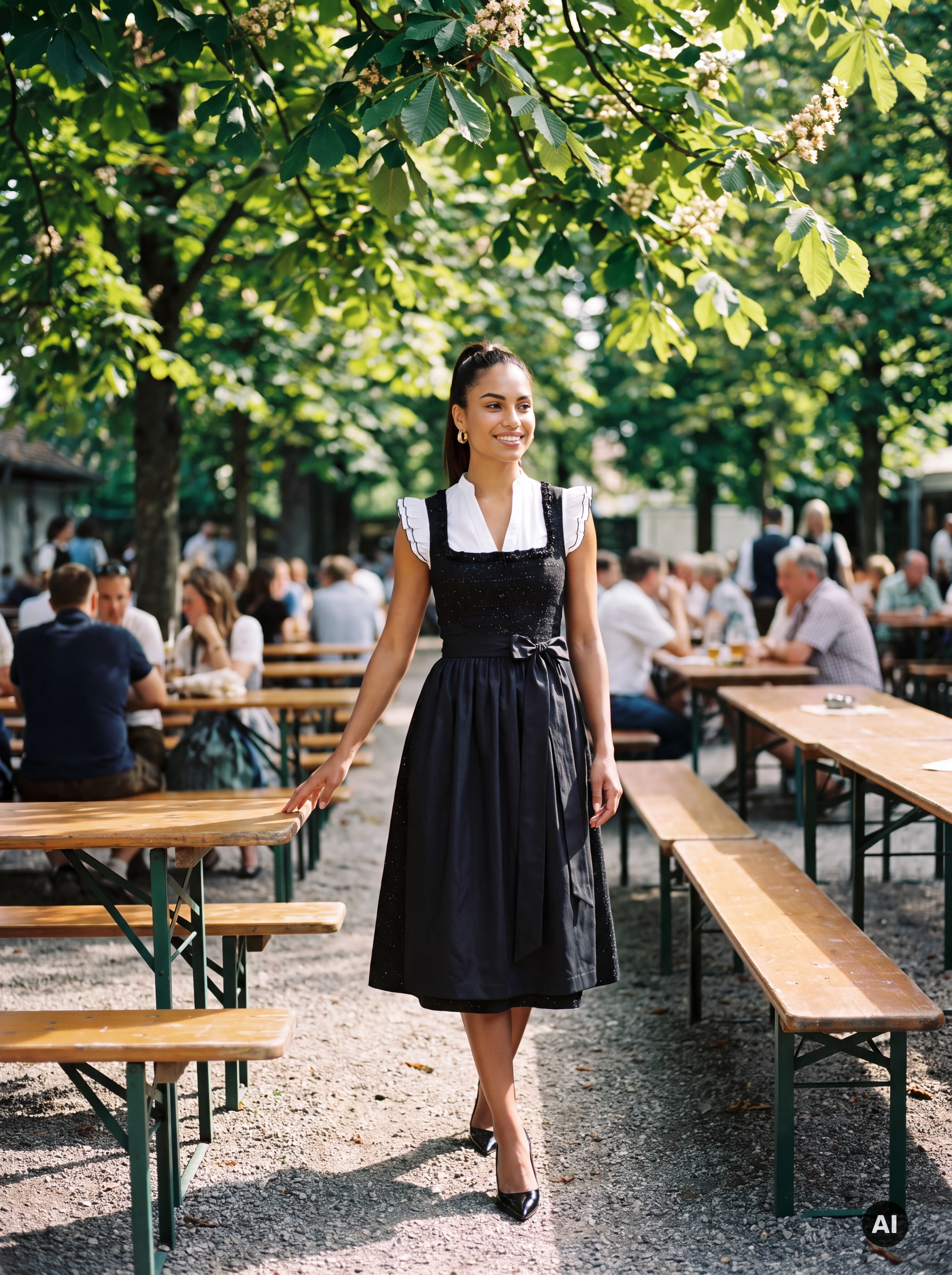 Midi Dirndl Chiara 70 cm Schwarz mit Glitzerstruktur & Schürze