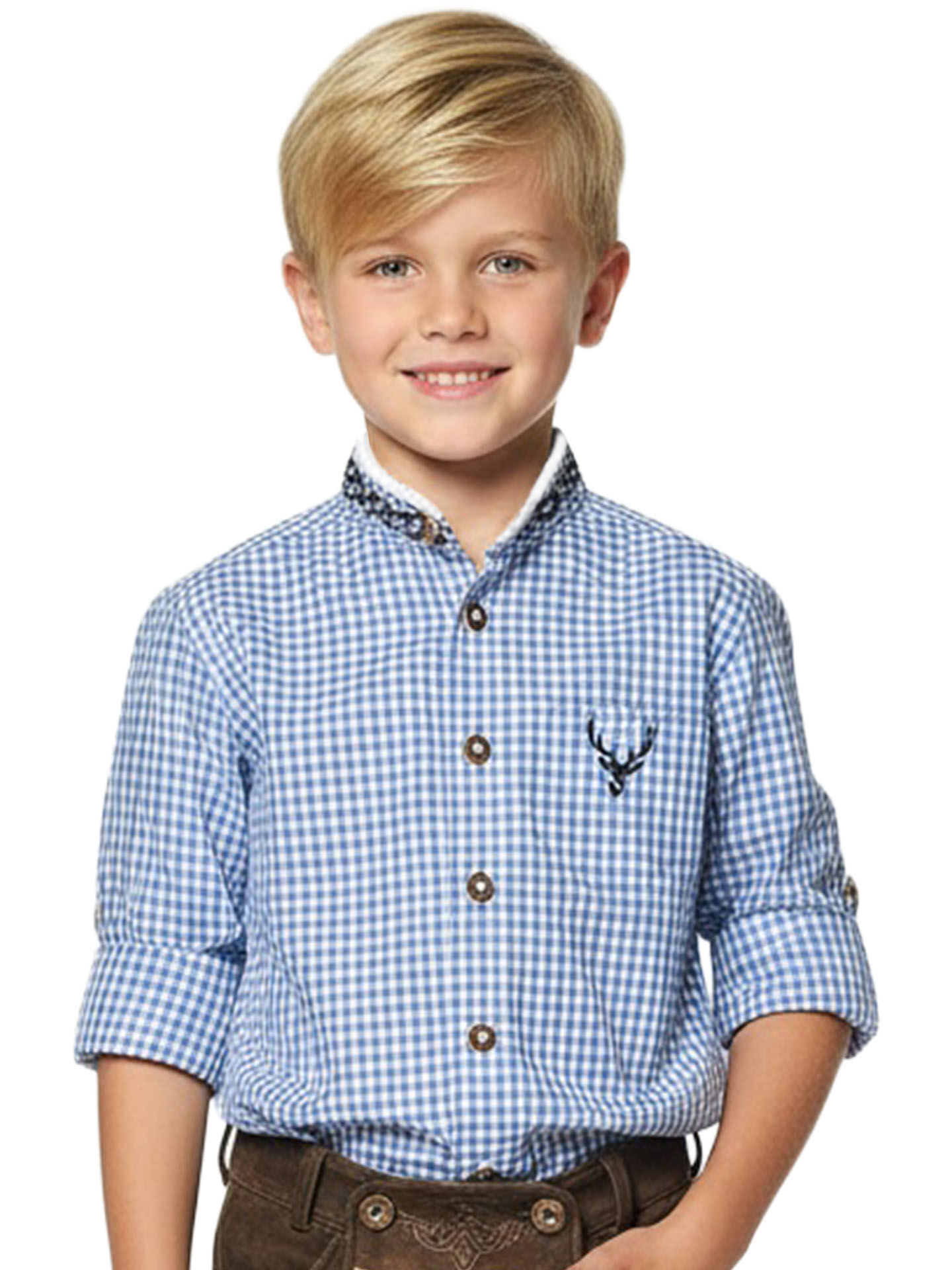 Trachtenhemd Kinder kariert Blau Hirsch Stickerei Stehkragen Trachtenhemd Kinder kariert Blau Hirsch Stickerei Stehkragen