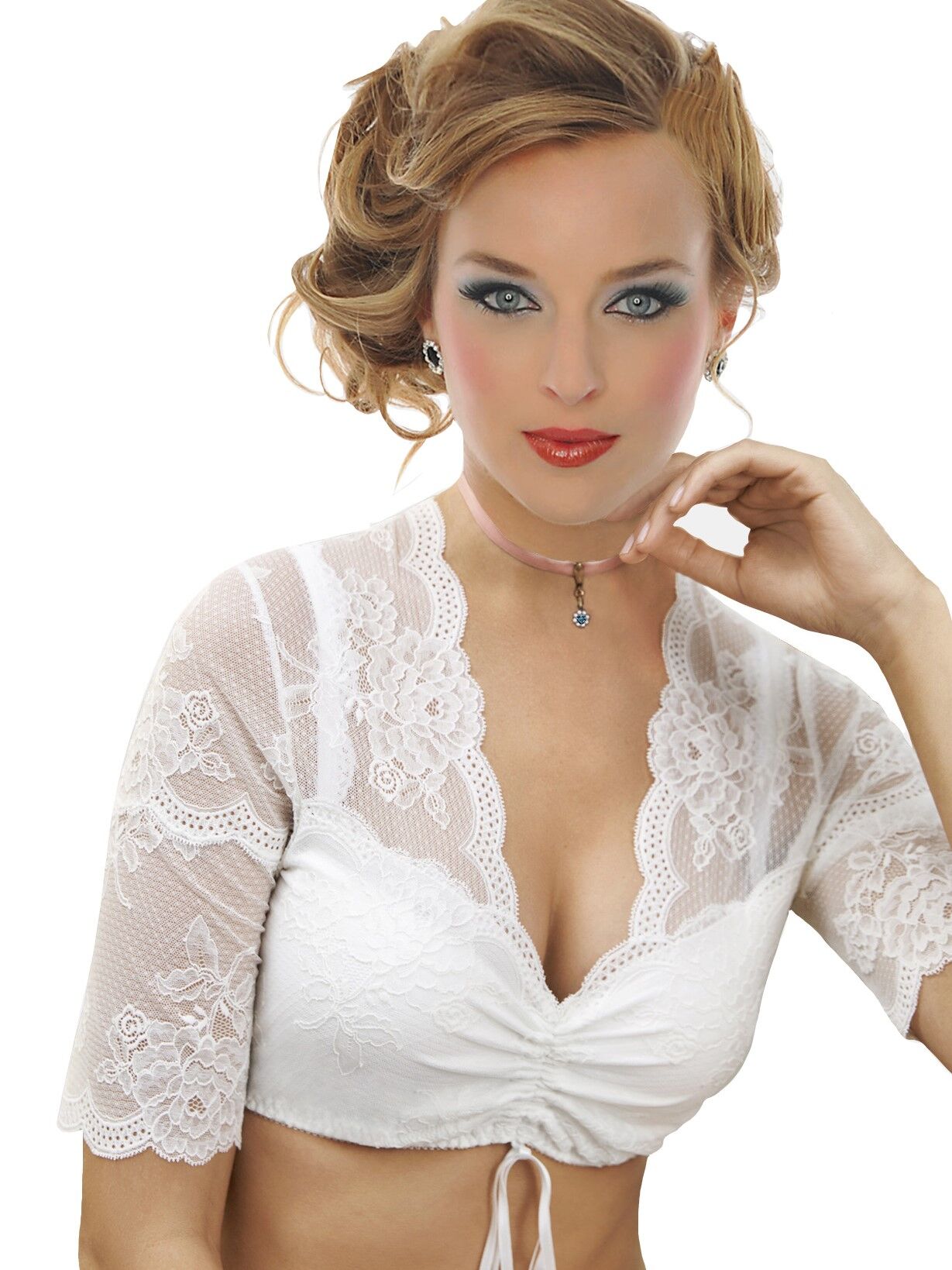 Dirndlbluse Damen festlich mit Spitze Kurzarm Weiß Dirndlbluse Damen festlich mit Spitze Kurzarm Weiß
