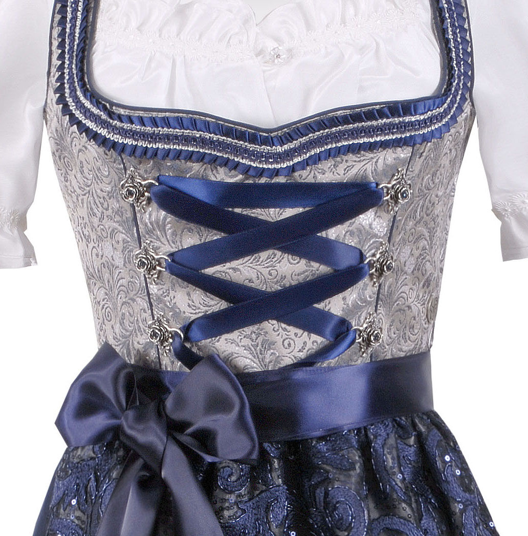 Festliches Midi-Dirndl - kurzes Dirndl + edle Spitzenschürze Silber Marineblau Festliches Midi-Dirndl - kurzes Dirndl + edle Spitzenschürze Silber Marineblau