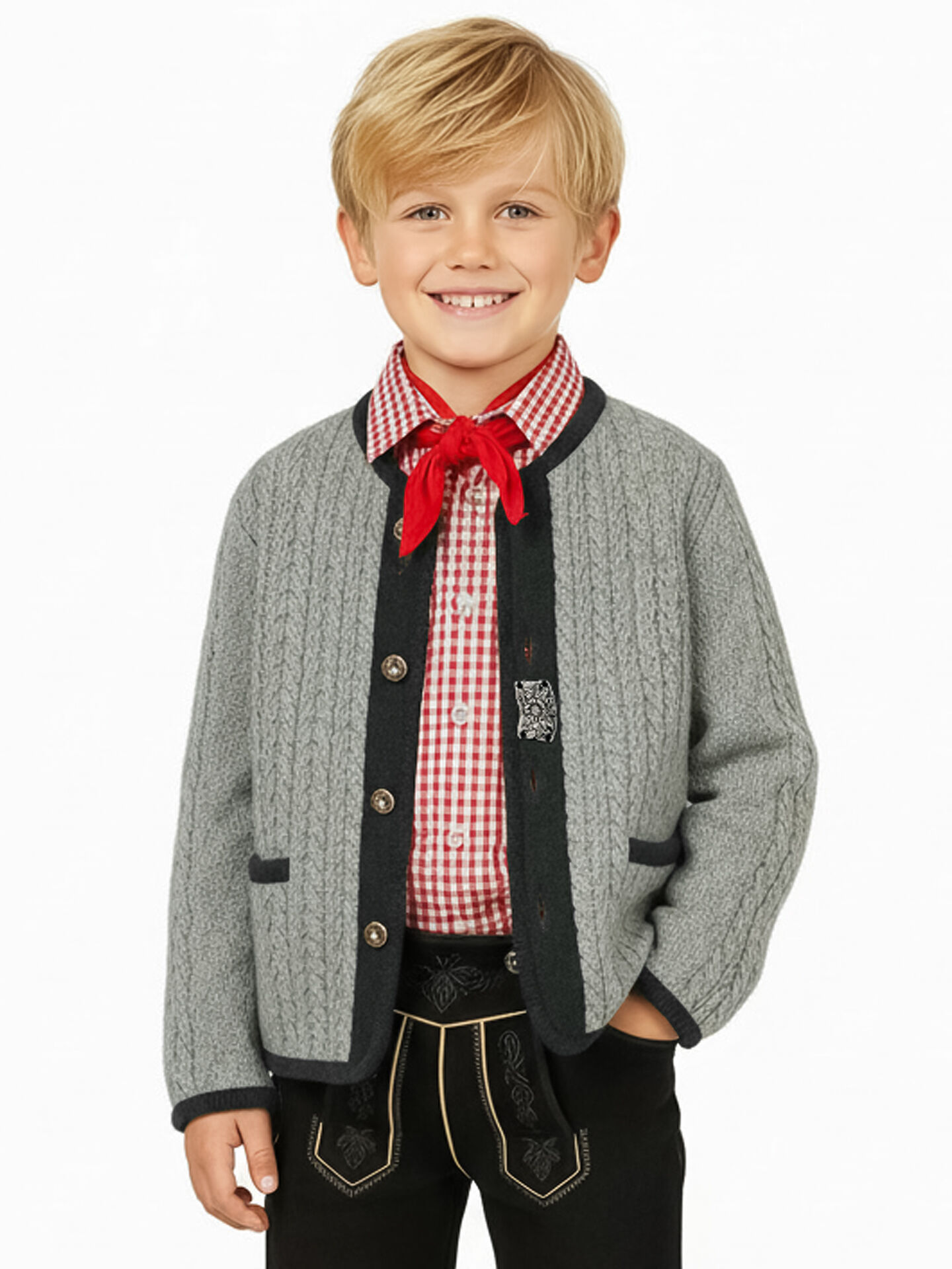 Trachtenstrickjacke Jungen/Buben 100% Merinowolle Hellgrau