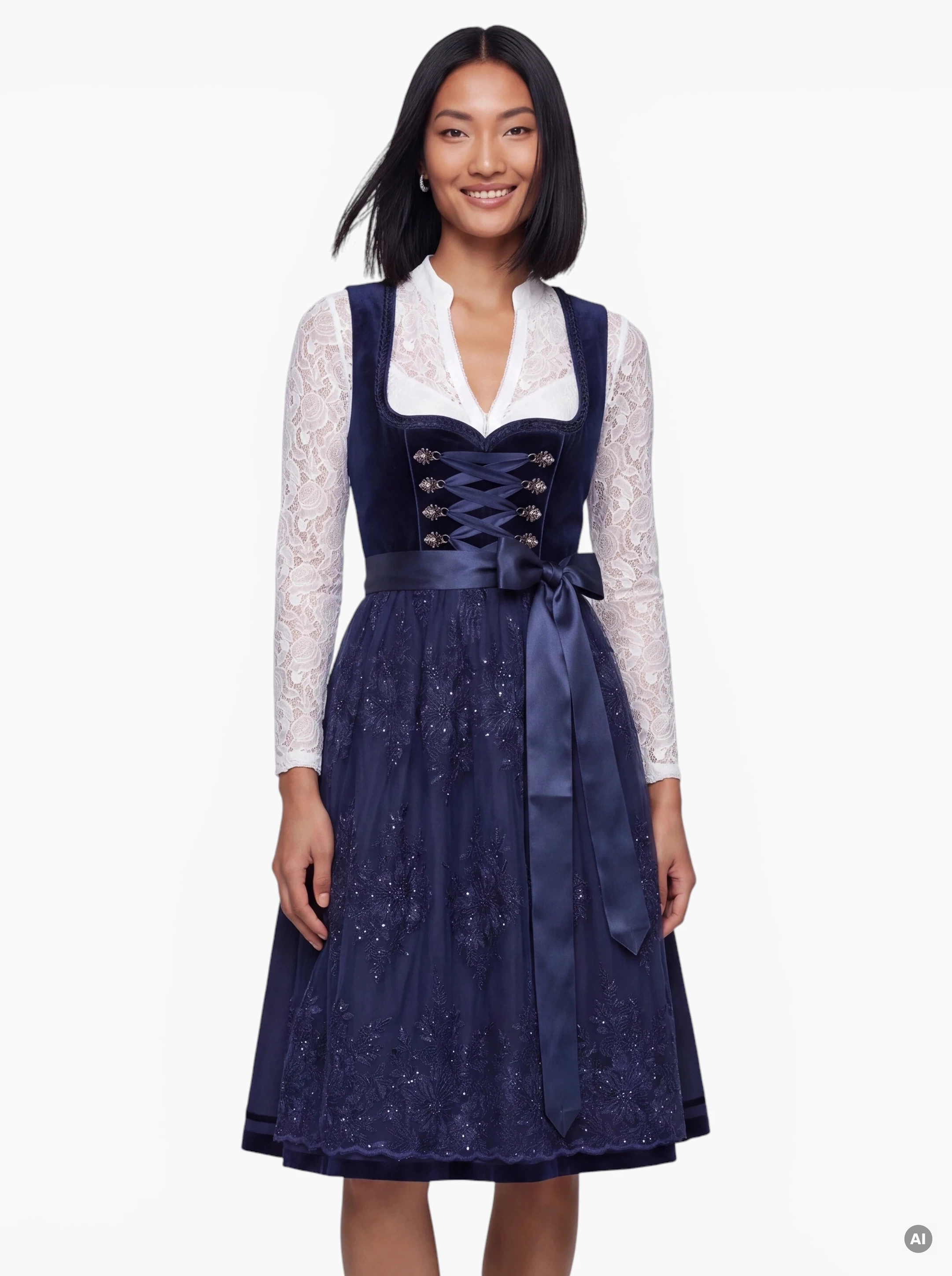 Midi Dirndl Johanna 70 cm Marine mit Spitze & Miederschnürung