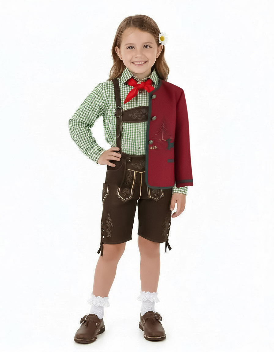 Trachtenjacke Kinder 100% Merinowolle Rot-Grün mit Hirsch-Stickerei