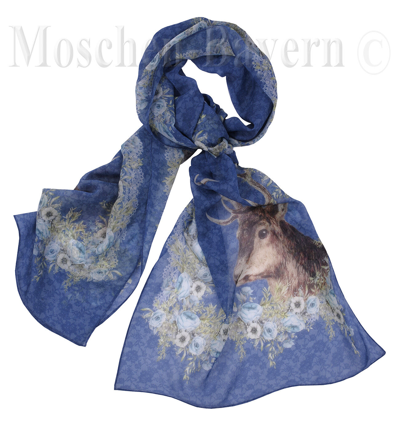 Trachtenschal duftiger Georgette Hirsch + Rosen Blau Trachtenschal duftiger Georgette Hirsch + Rosen Blau