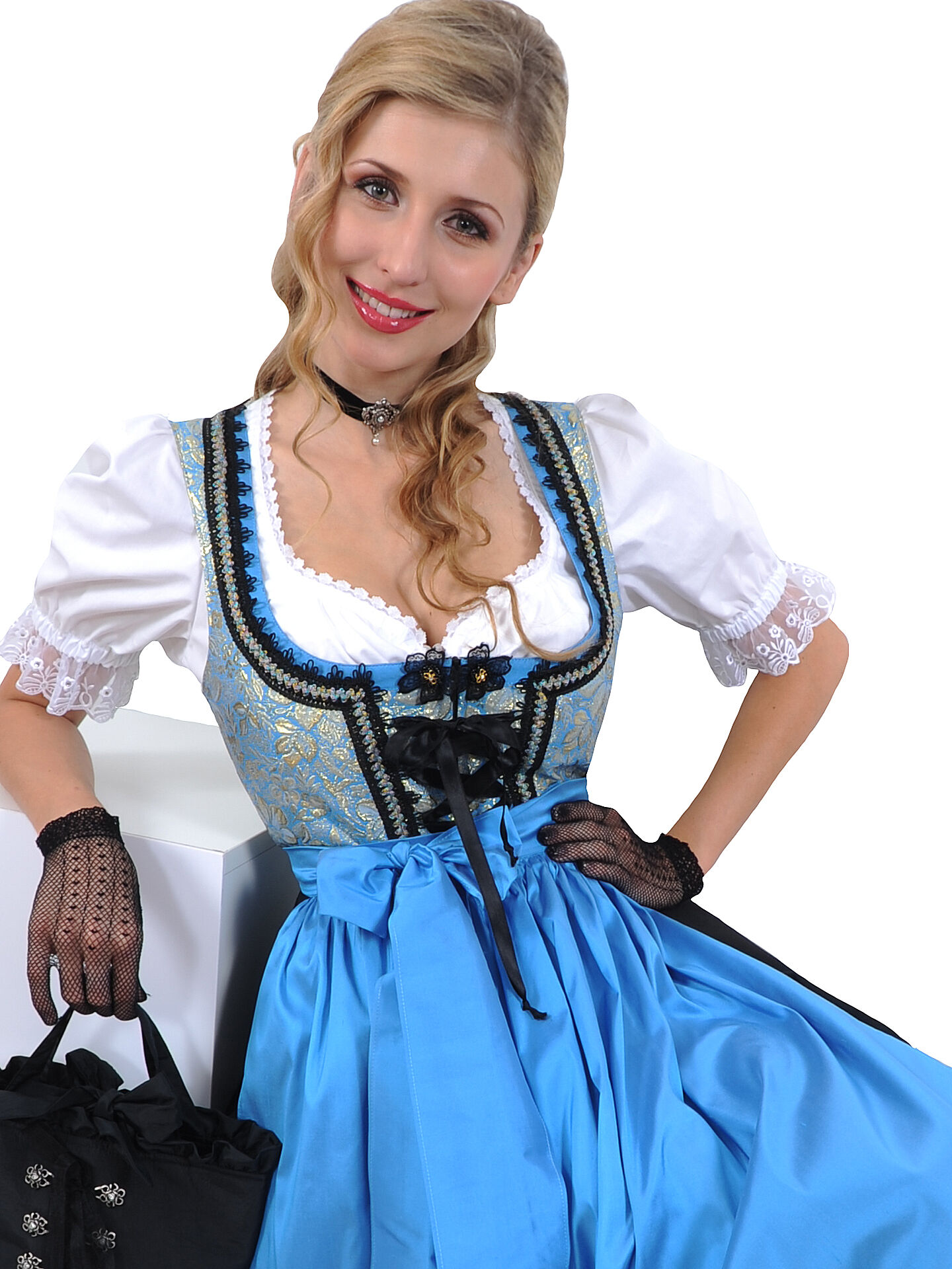 PREMIUM Dirndl mit Seidenschürze - festliches Midi-Dirndl Blau-Schwarz PREMIUM Dirndl mit Seidenschürze - festliches Midi-Dirndl Blau-Schwarz