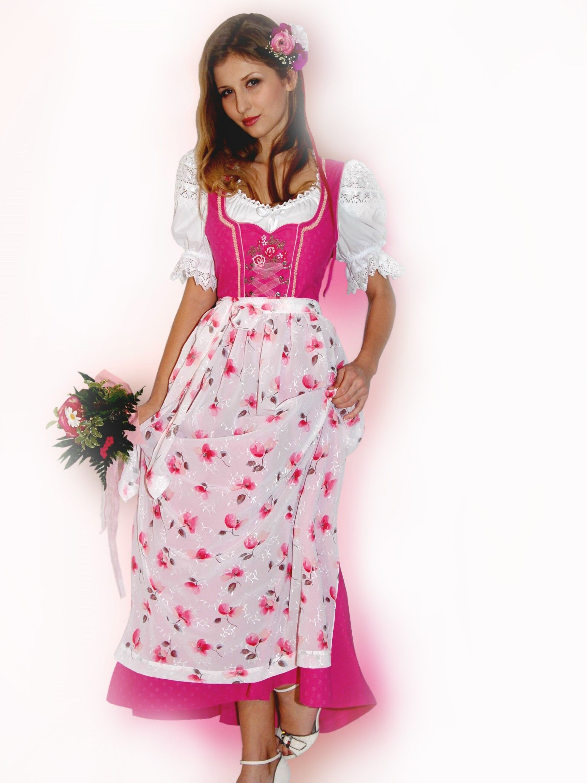 Designer-Dirndl lang - edles Festtagsdirndl + Organza-Schürze Pink Set 3-teilig + Bluse Designer-Dirndl lang - edles Festtagsdirndl + Organza-Schürze Pink Set 3-teilig + Bluse