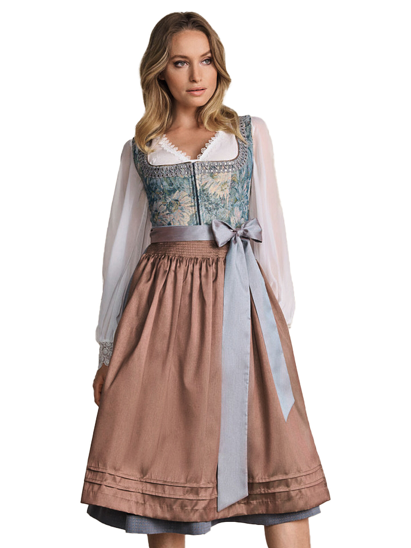 Elegantes Dirndl - kurzes Midi-Dirndl in edlem Beige/Braun