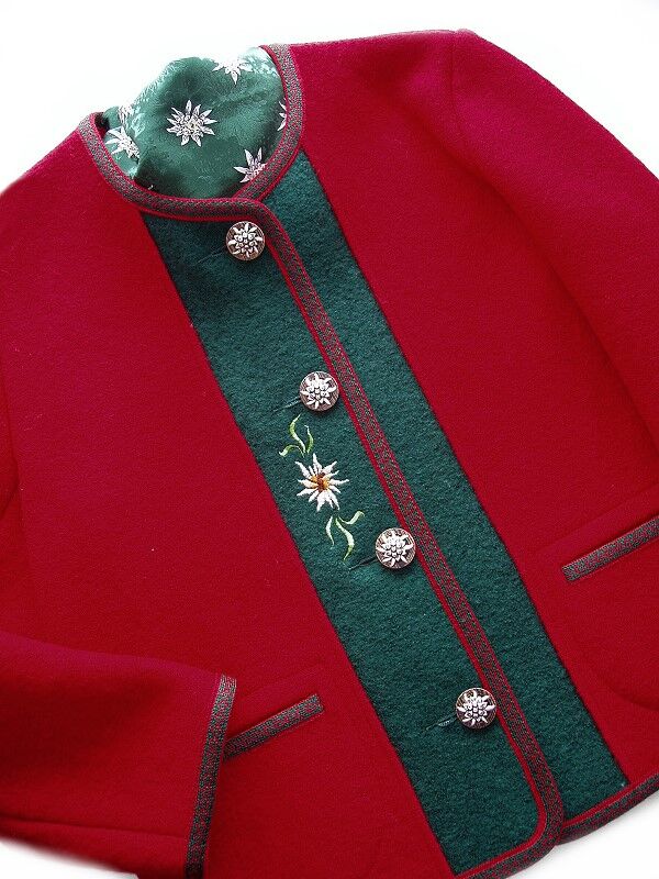 Trachtenjacke Kinder 100% Merinowolle Rot-Grün mit Stickerei