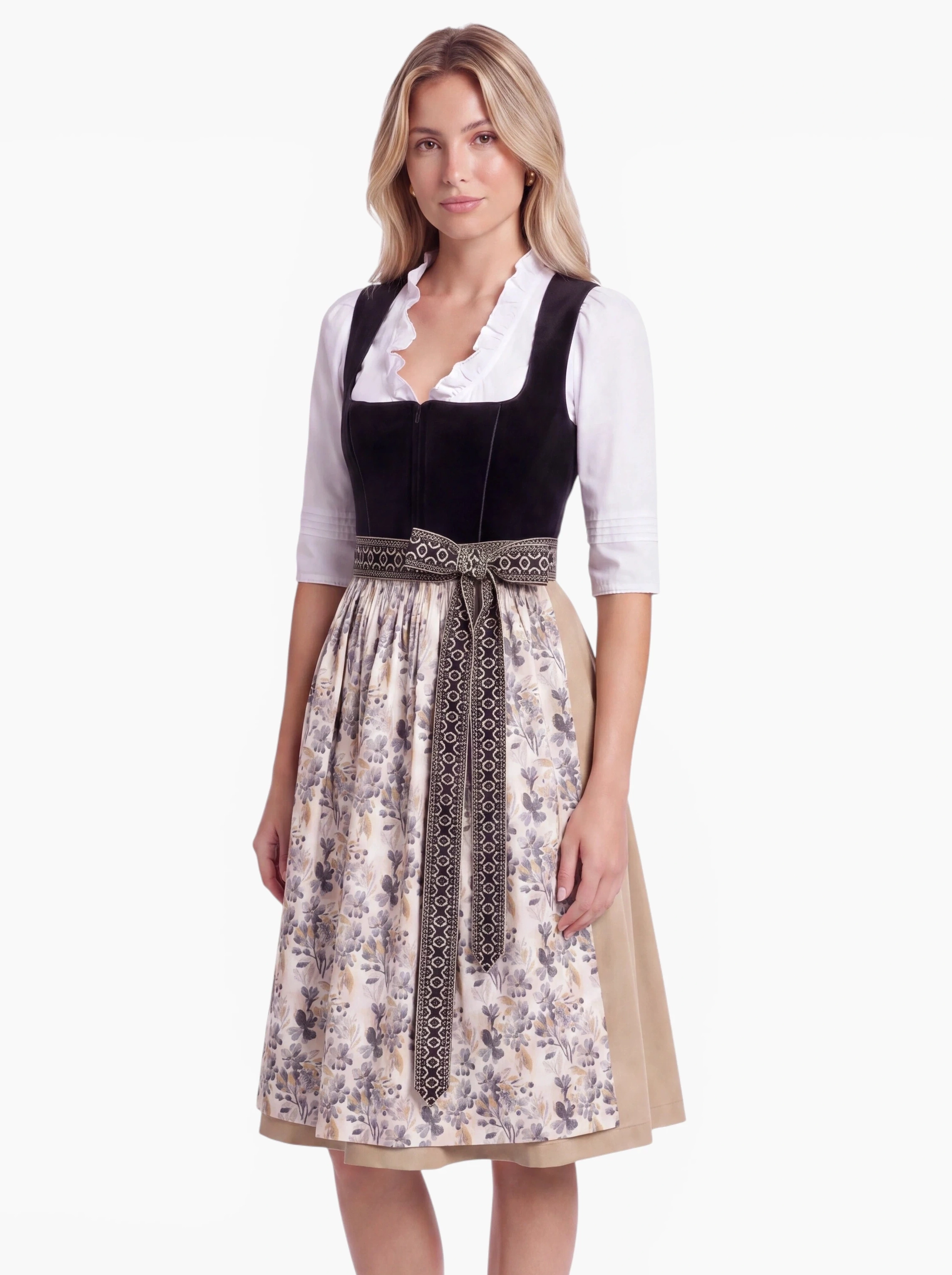 Midi-Dirndl Paula 70 cm – Schwarz/Gold mit floraler Schürze
