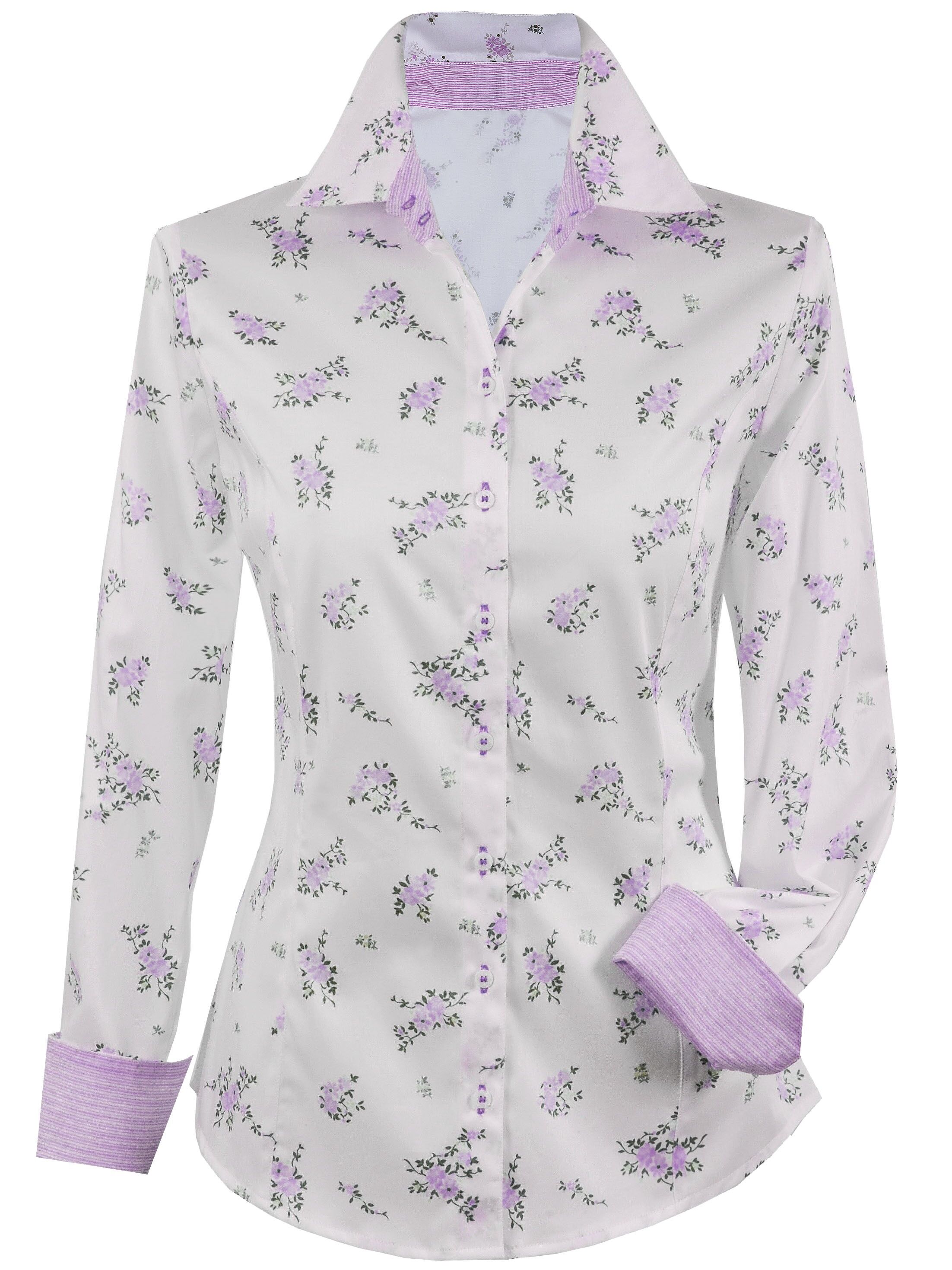 Premium Trachtenbluse Damen Langarm Blumen-Design  Weiß-Flieder Premium Trachtenbluse Damen Langarm Blumen-Design  Weiß-Flieder