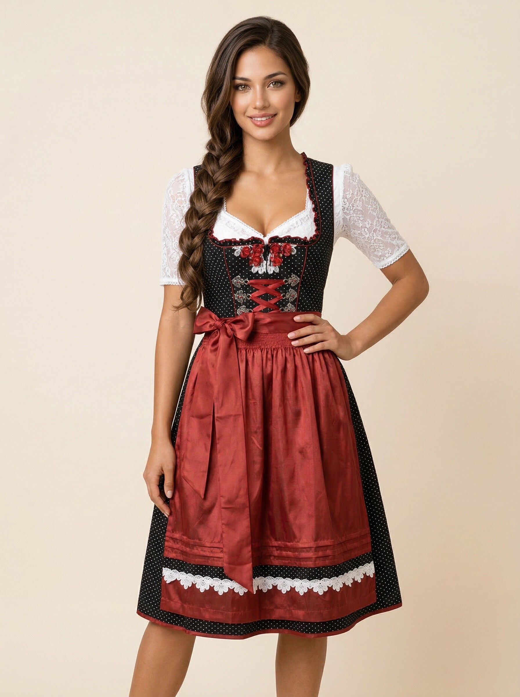 Schwarz-rotes Midi Dirndl Iris für Damen – klassische Frontansicht