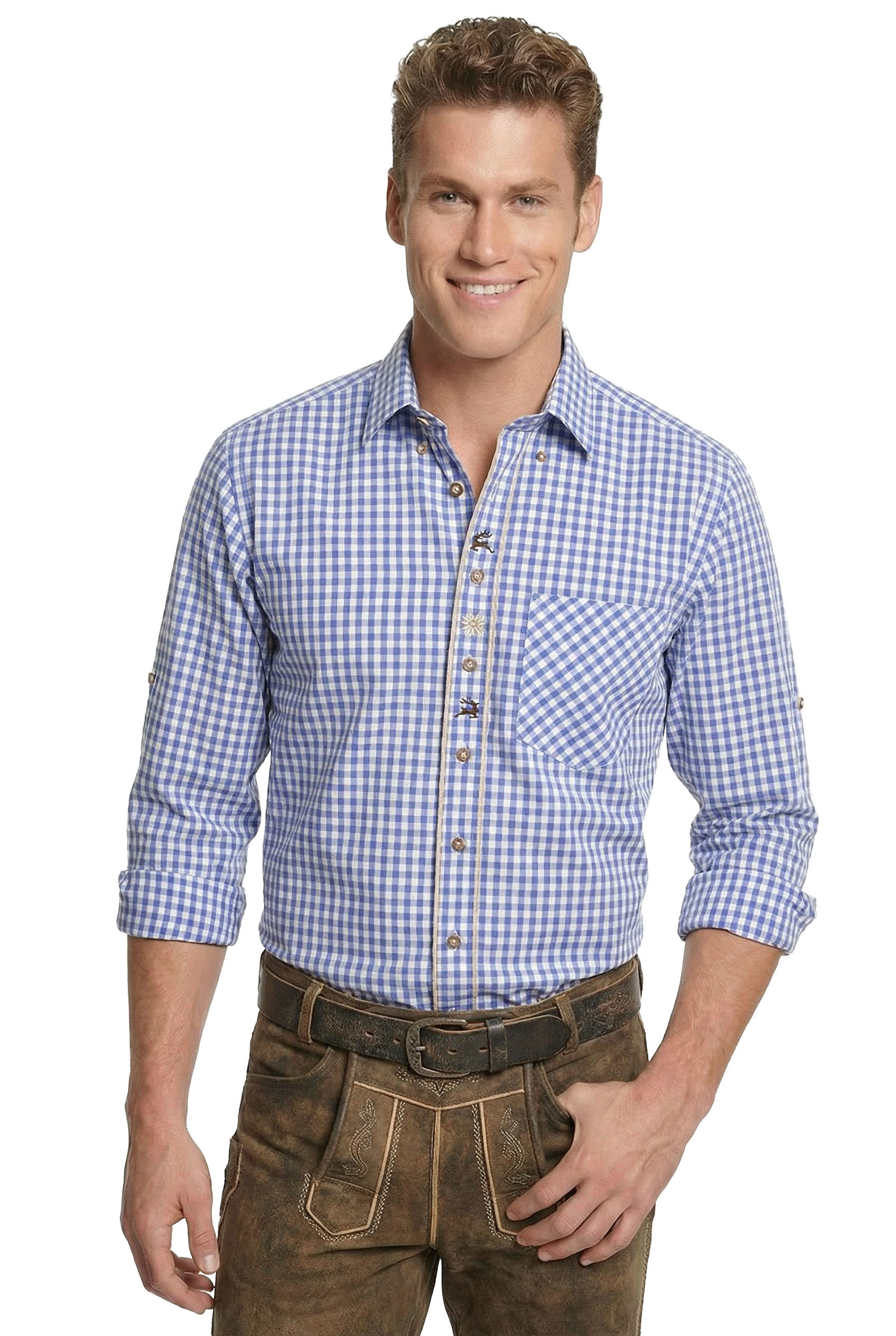 Trachtenhemd kariert Blau Wiesn-Hemd Edelweiß Hirsch Stickerei