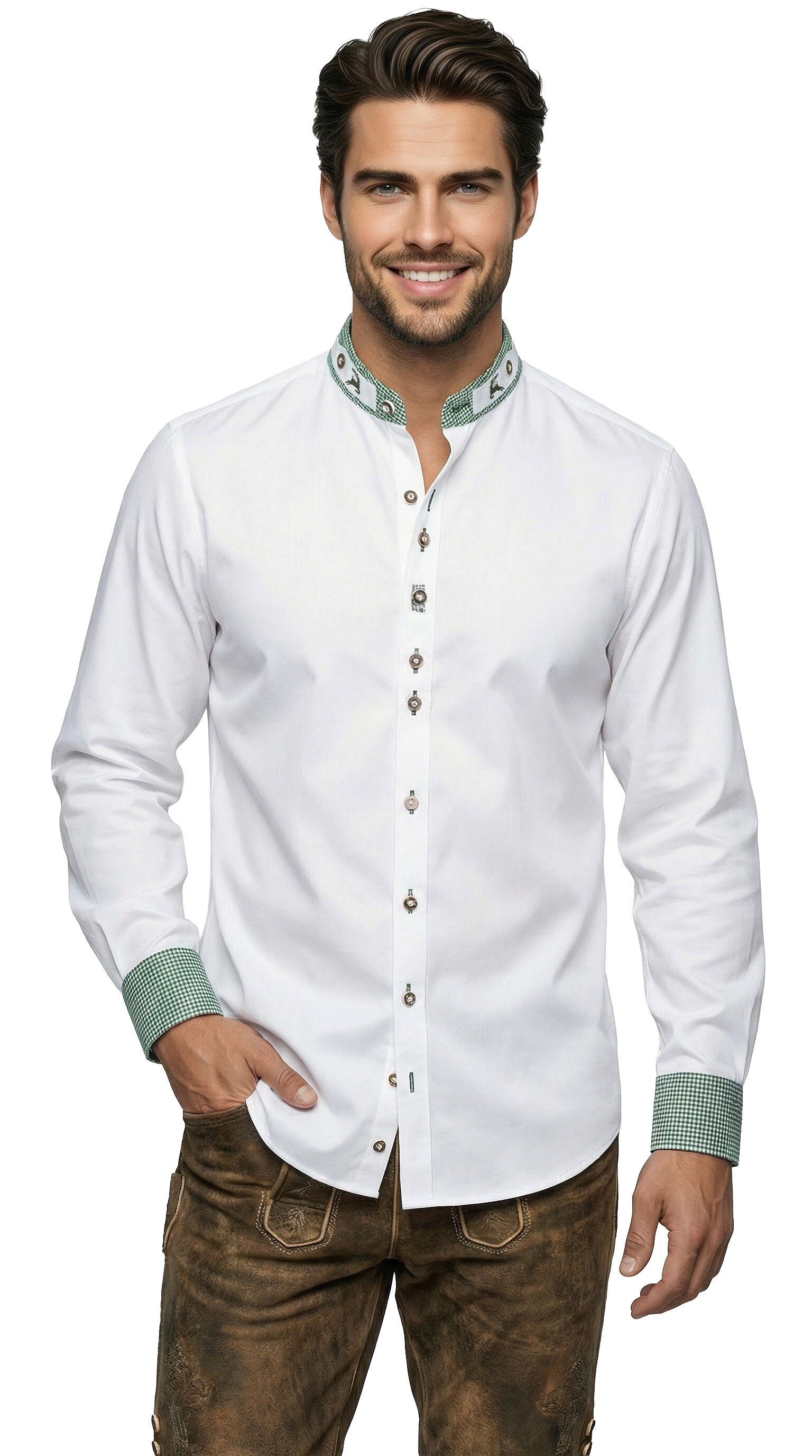 Trachtenhemd Weiß/Grün SLIMFIT Stehkragen