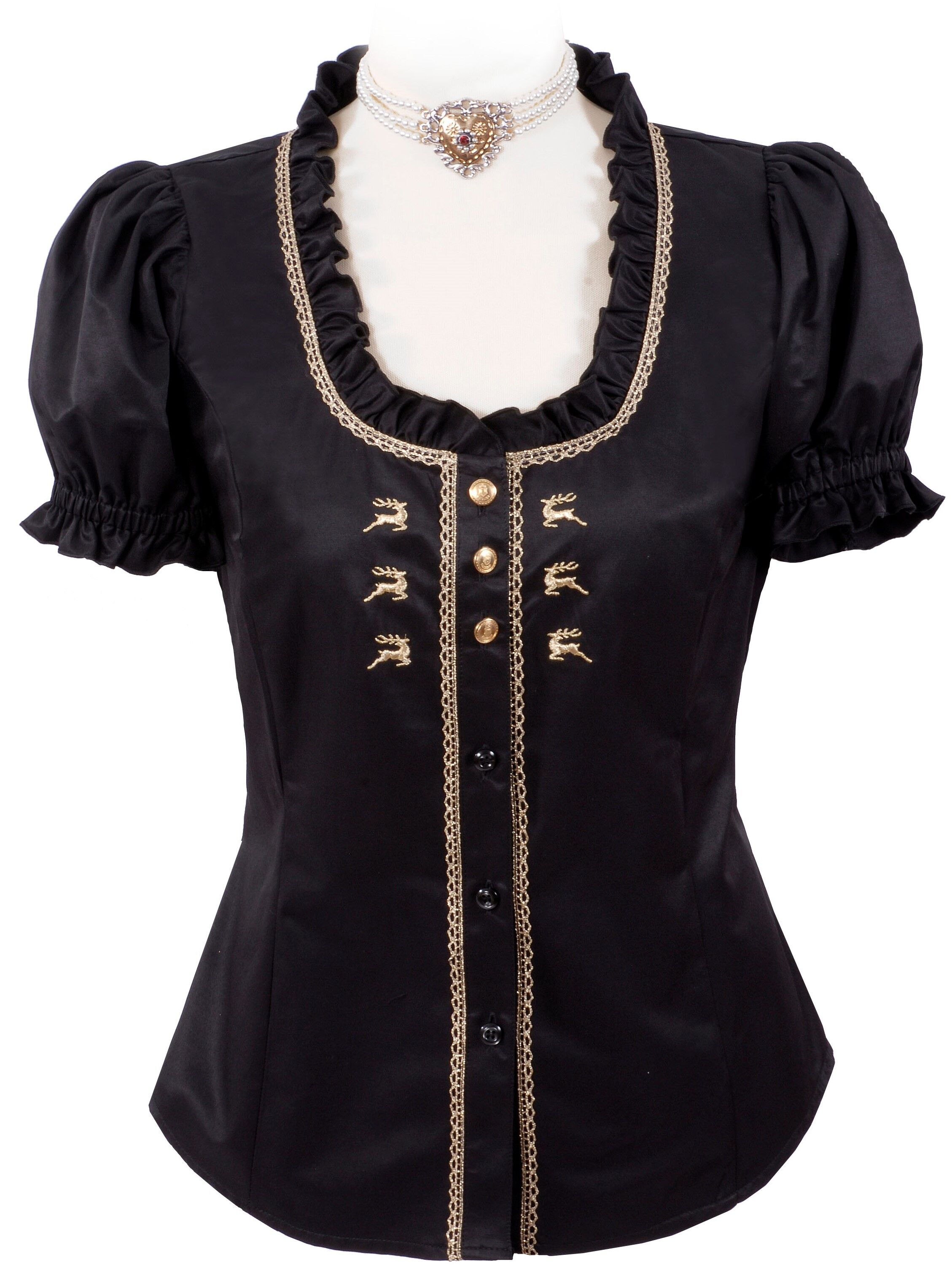 Trachtenbluse festlich Damen Kurzarm Rüschen + Hirsch-Stickerei Schwarz-Gold Trachtenbluse festlich Damen Kurzarm Rüschen + Hirsch-Stickerei Schwarz-Gold