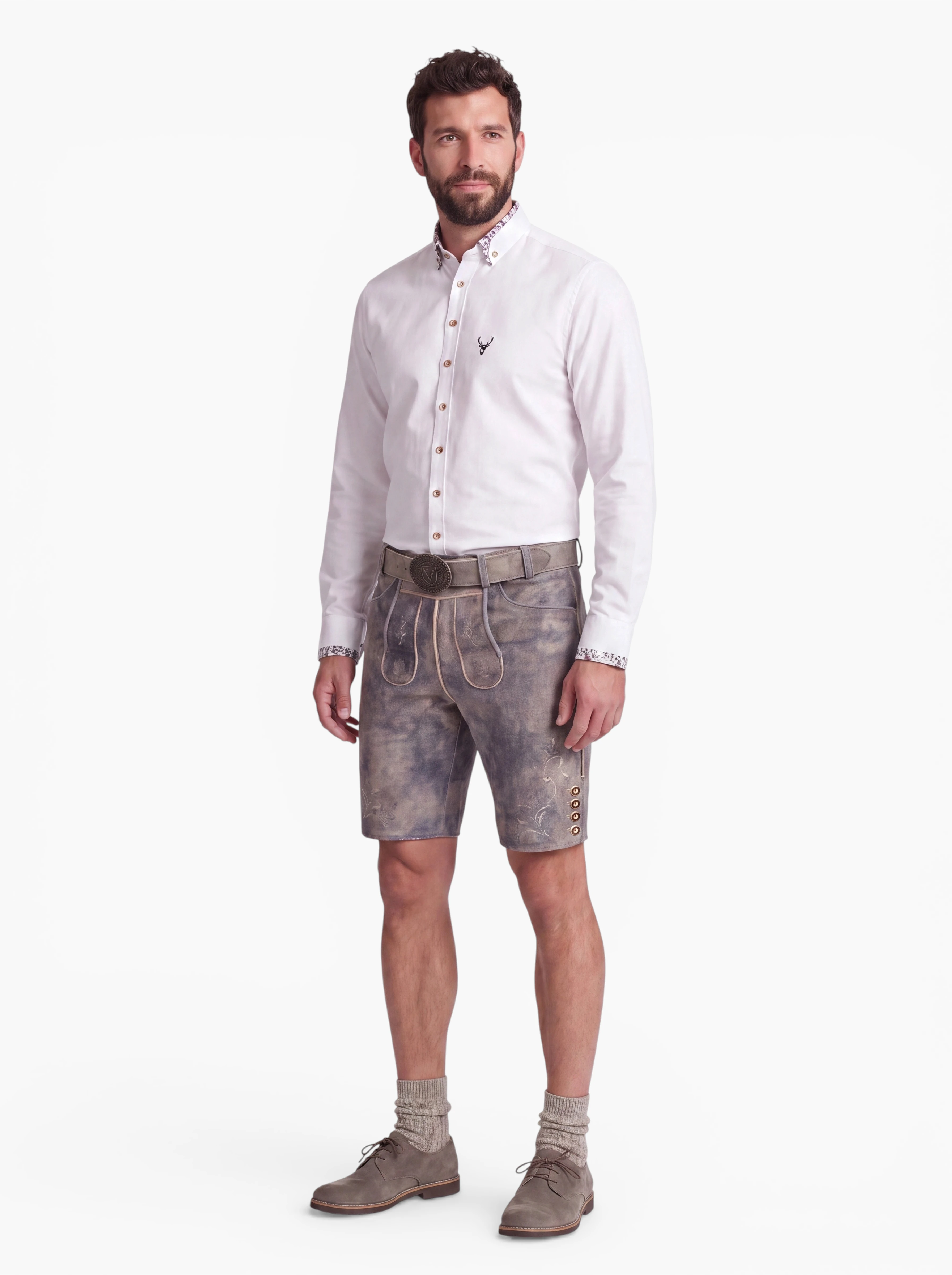 Herren-Lederhose Berno Hellgrau mit Gürtel aus 100% Leder