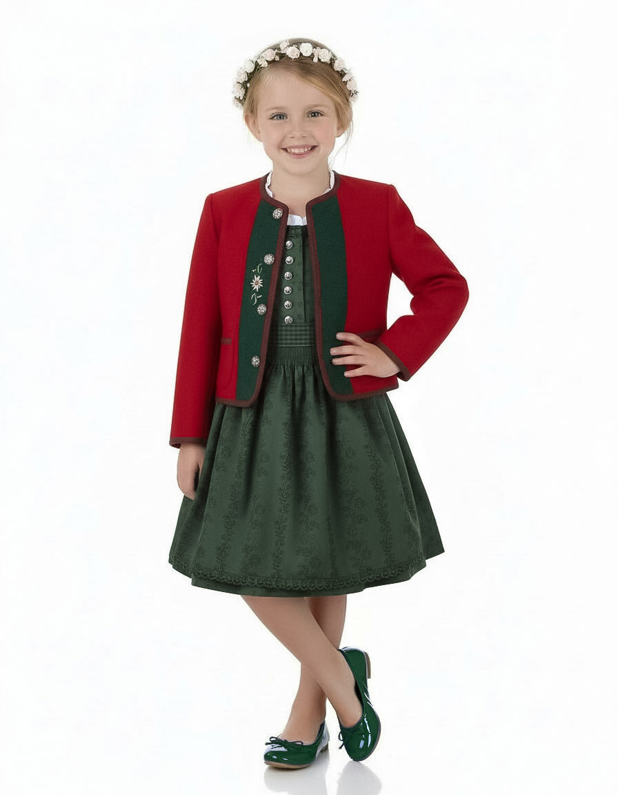 Trachtenjacke Kinder 100% Merinowolle Rot-Grün mit Stickerei