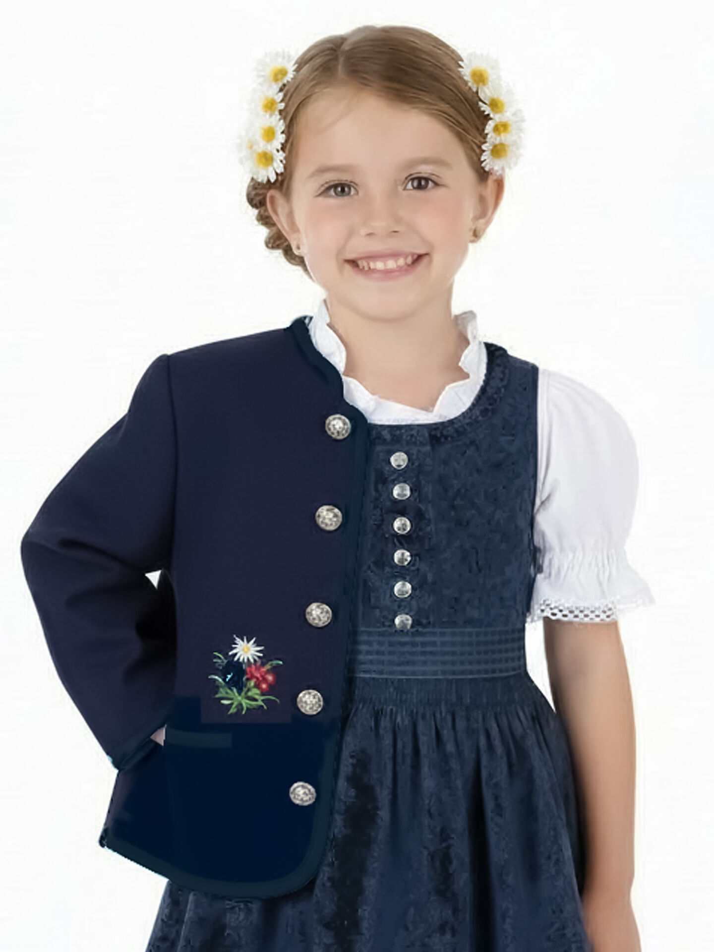 Trachtenjacke Mädchen Madl 100% Merinowolle Blau Marine Edelweiß