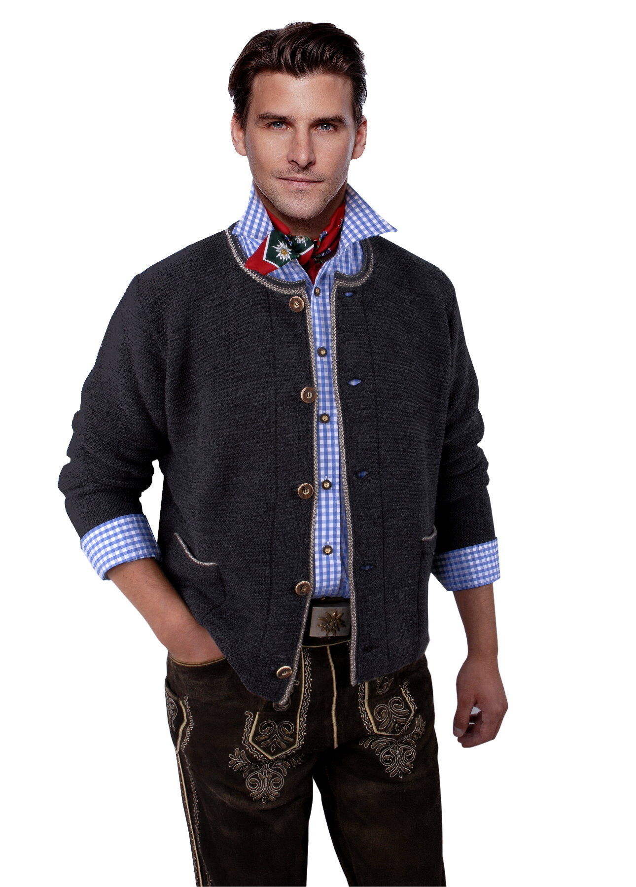 Trachtenstrickjacke Herren Links-Links  Trachtenjanker Anthrazit