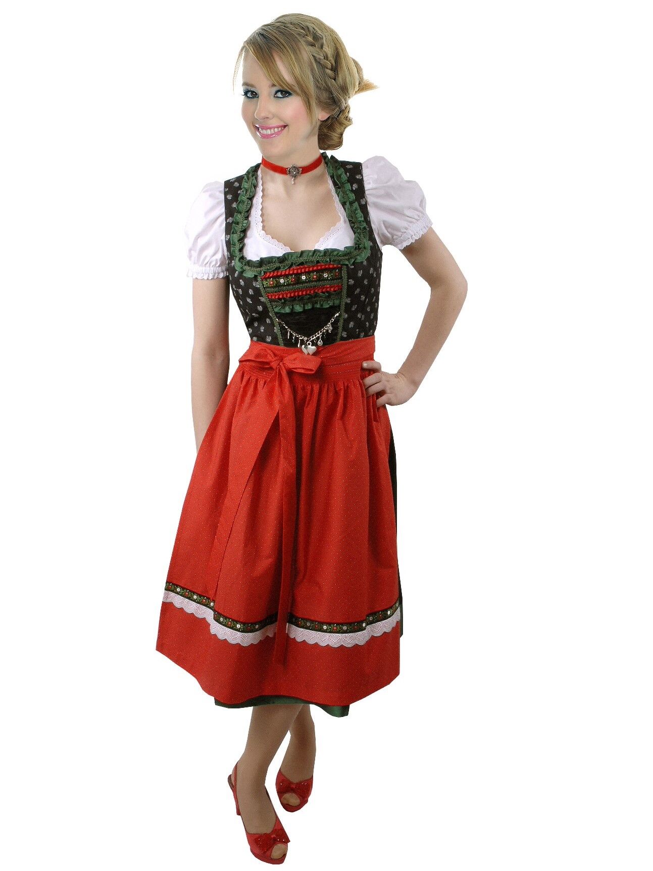 Fröhliches Midi-Dirndl - kurzes Wiesn-Dirndl zum Oktoberfest geblümt Schwarz-Rot Fröhliches Midi-Dirndl - kurzes Wiesn-Dirndl zum Oktoberfest geblümt Schwarz-Rot