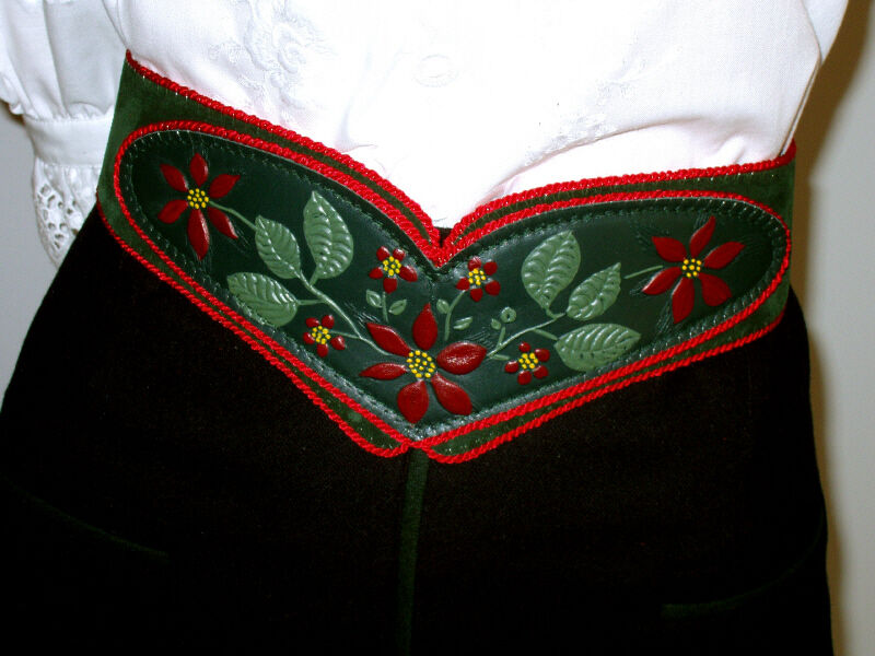 Trachtengürtel Leder Blumen handbemalt Grün-Rot  (L) 