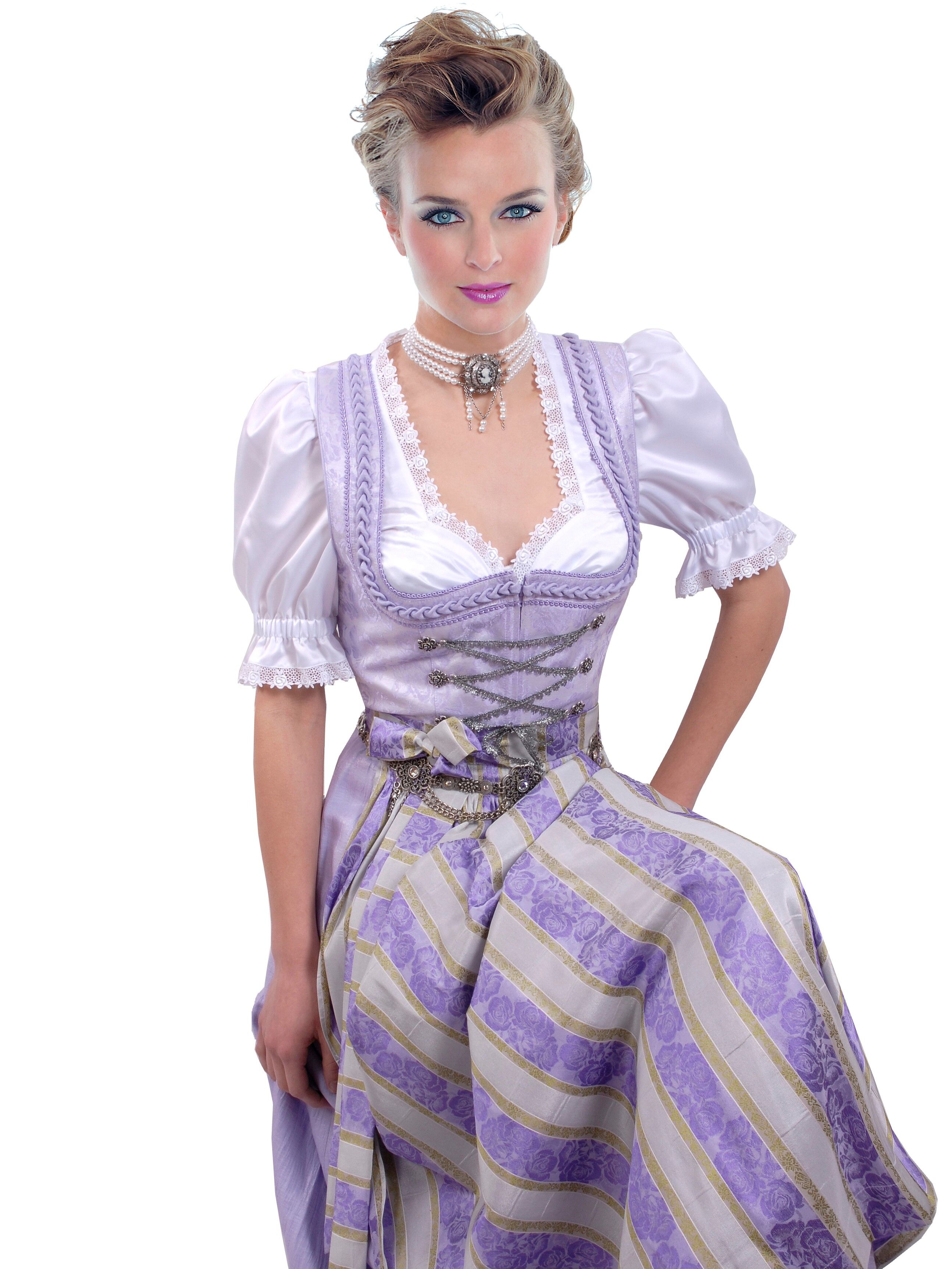 Festliches Dirndl lang - Festtagsdirndl mit edler Rosen-Schürze Flieder Set 3-teilig + Bluse Festliches Dirndl lang - Festtagsdirndl mit edler Rosen-Schürze Flieder Set 3-teilig + Bluse