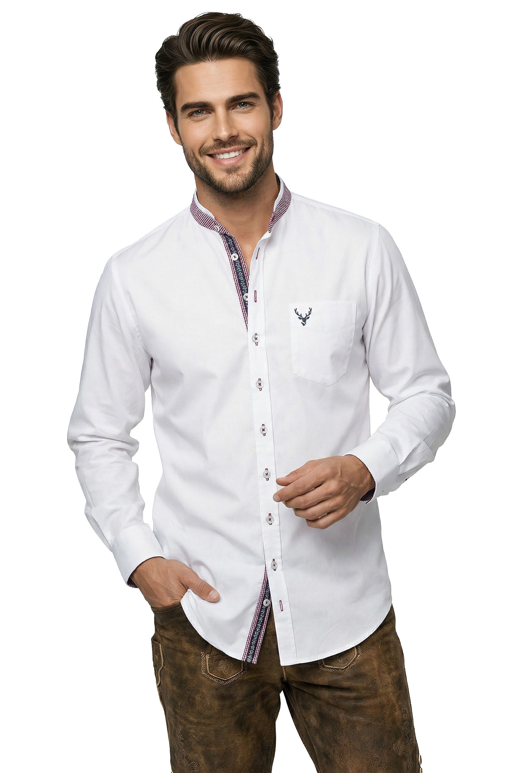 Trachtenhemd Weiß/Rot SLIMFIT Stehkragen + Hirsch-Stickerei