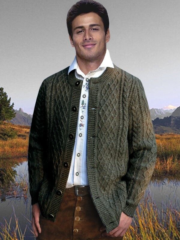 Premium Trachtenstrickjacke Herren 100% Schurwolle Trachtenjanker Oliv Grün